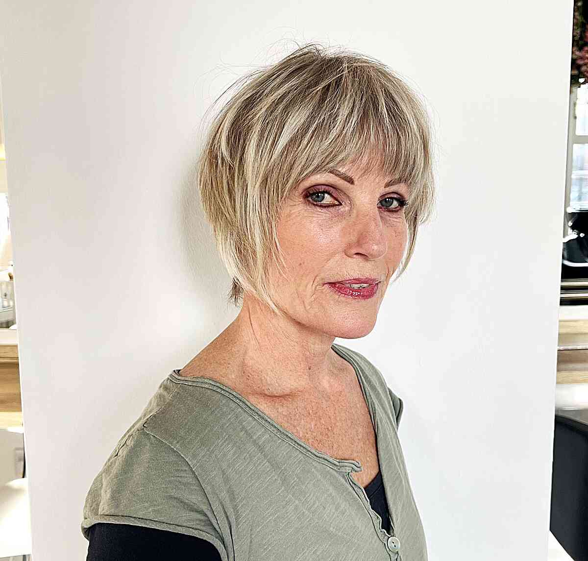 Short Textured Shagged Bixie with Delicate Bangs for Finer Locks on Women Over 50