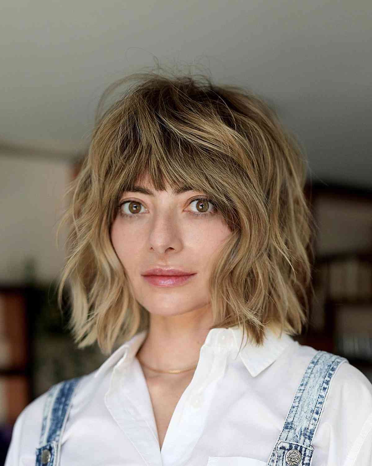 Textured Shaggy Bob with Bangs for Full Hair