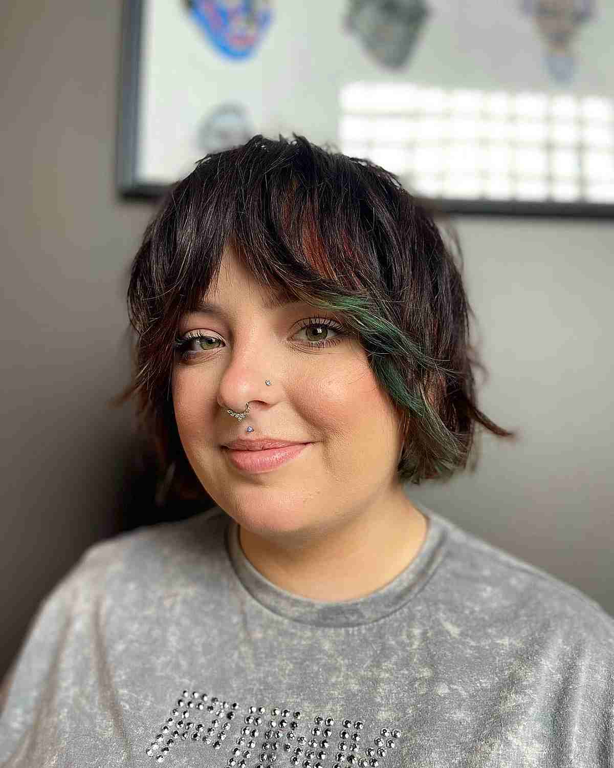 Textured Shaggy Bob with Face-Framing Layers and Bangs for Chubby Faces