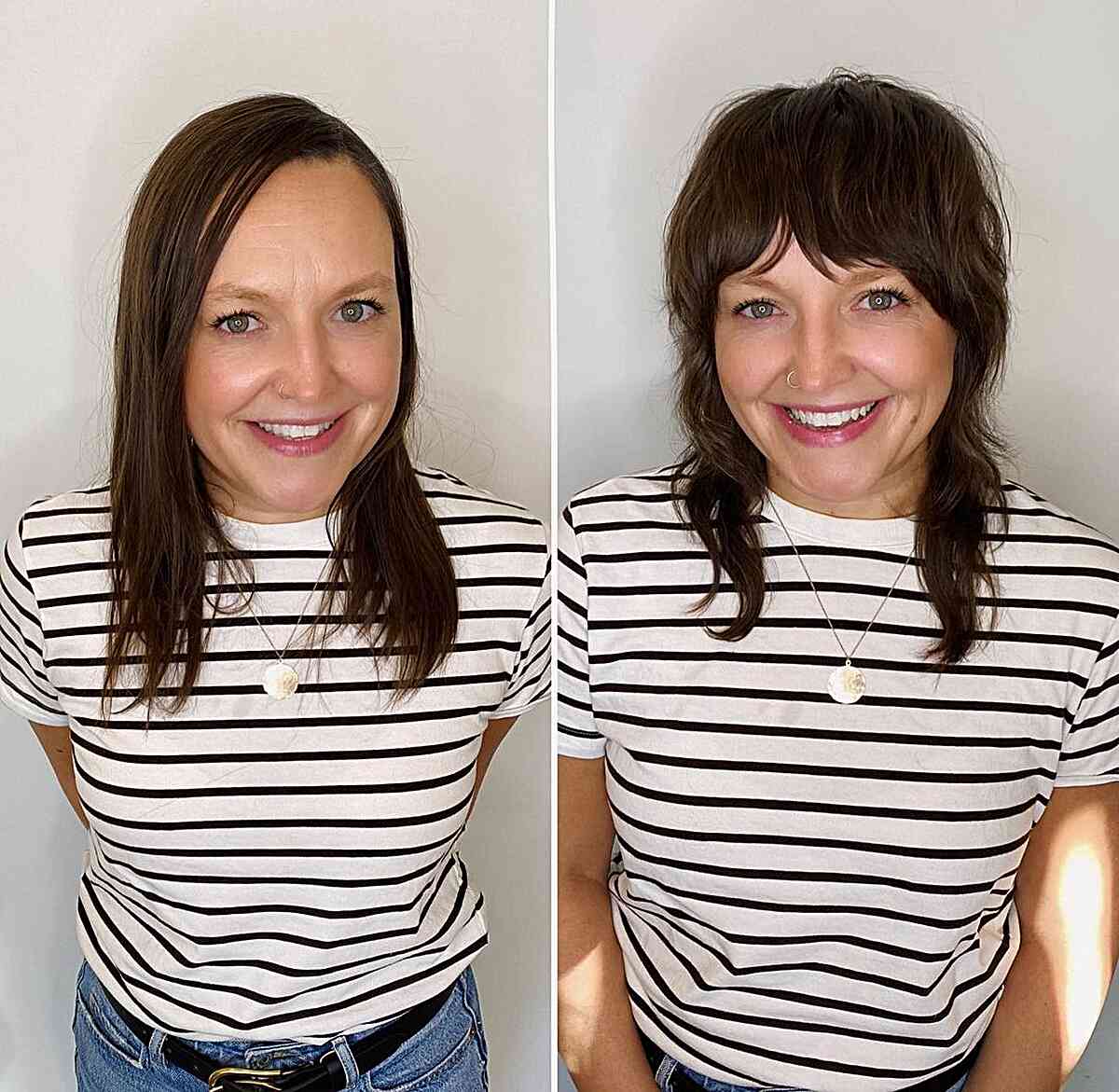 Mid-length Textured Shaggy Hairstyle With Gentle Layers and Bangs for 40-year-old Women