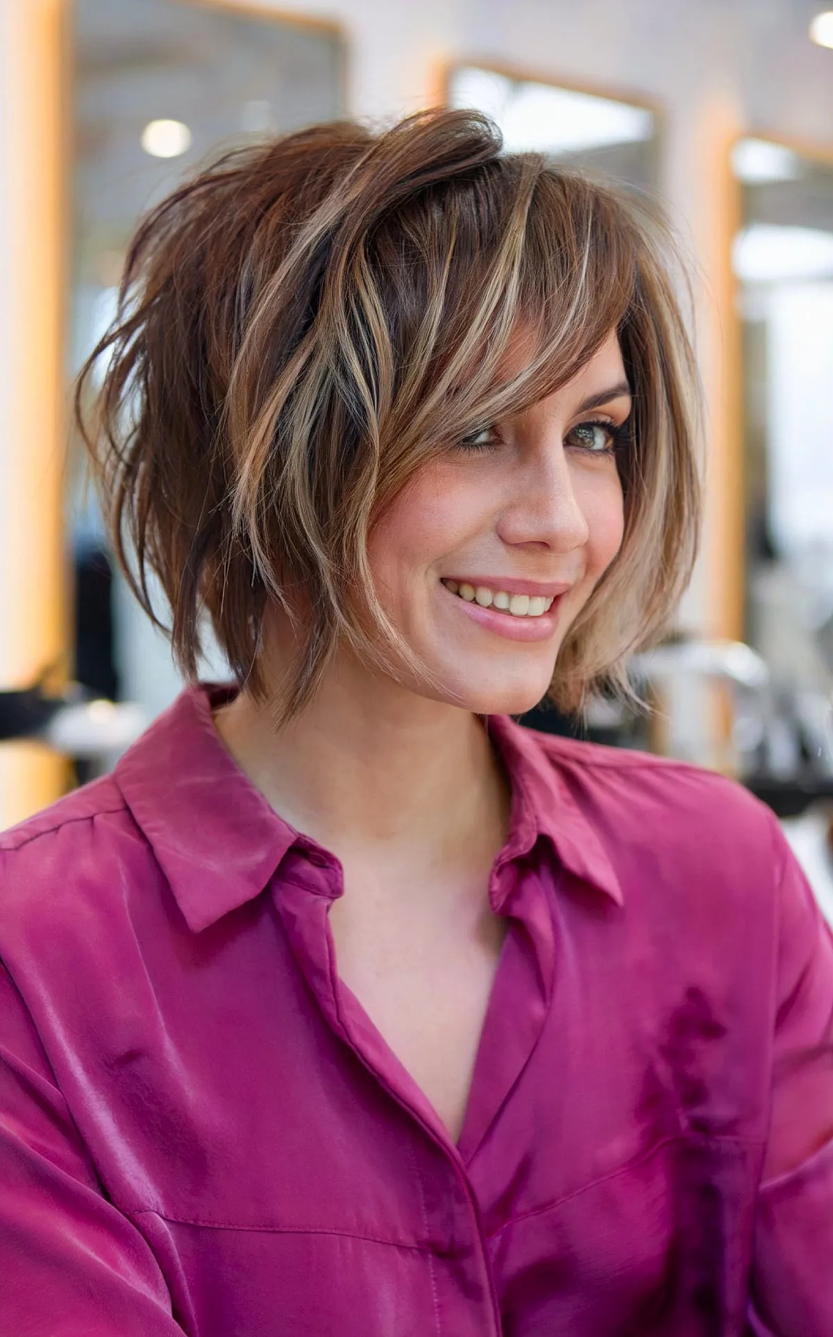 Textured Shaggy Layers on Short Chin-Length Straight Hair