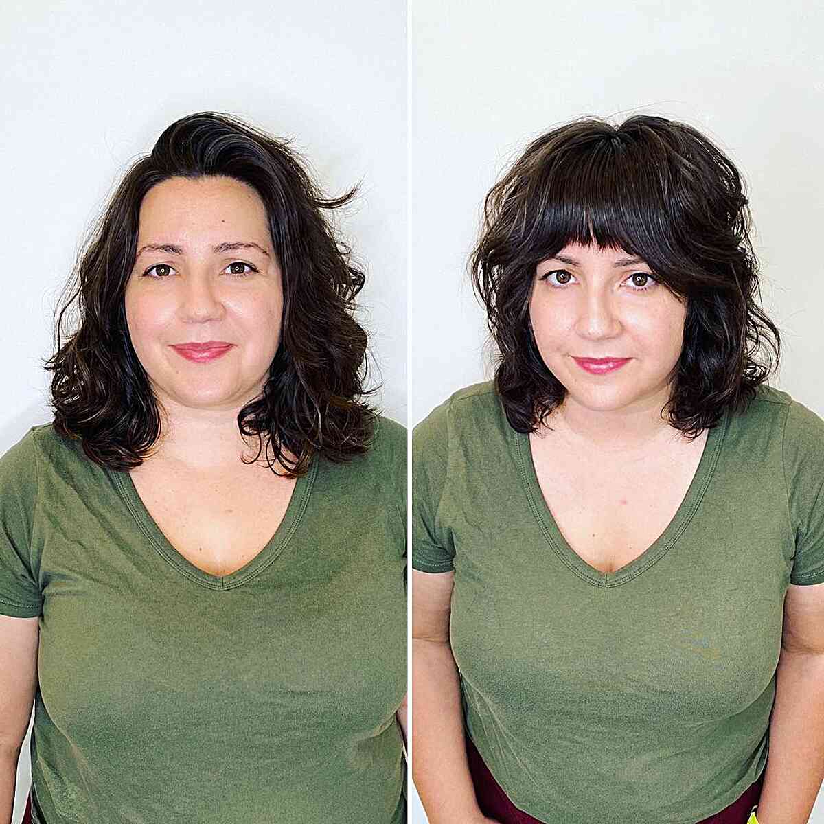 Textured shaggy long bob with straight bangs for women aged forty with round faces