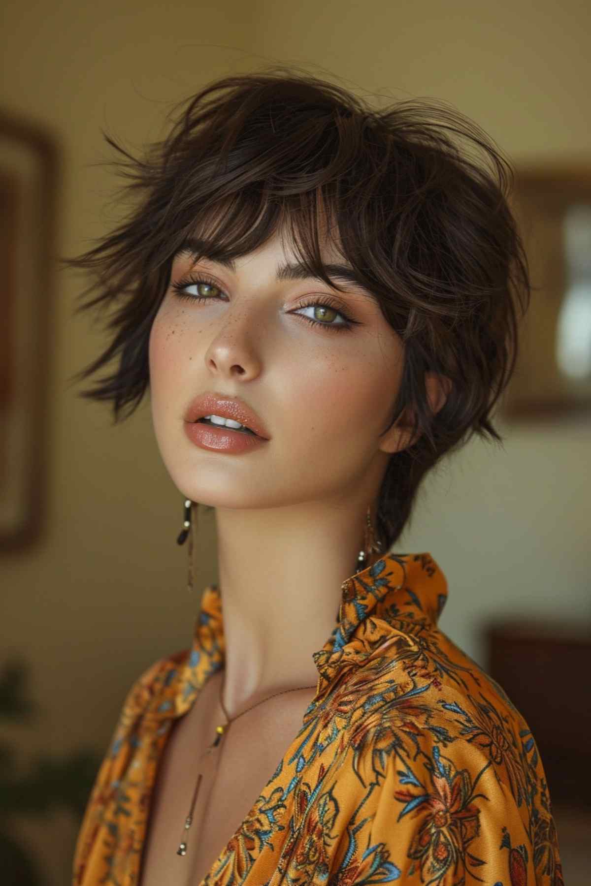 A textured shaggy pixie bob with layered sides on a woman in her 30s