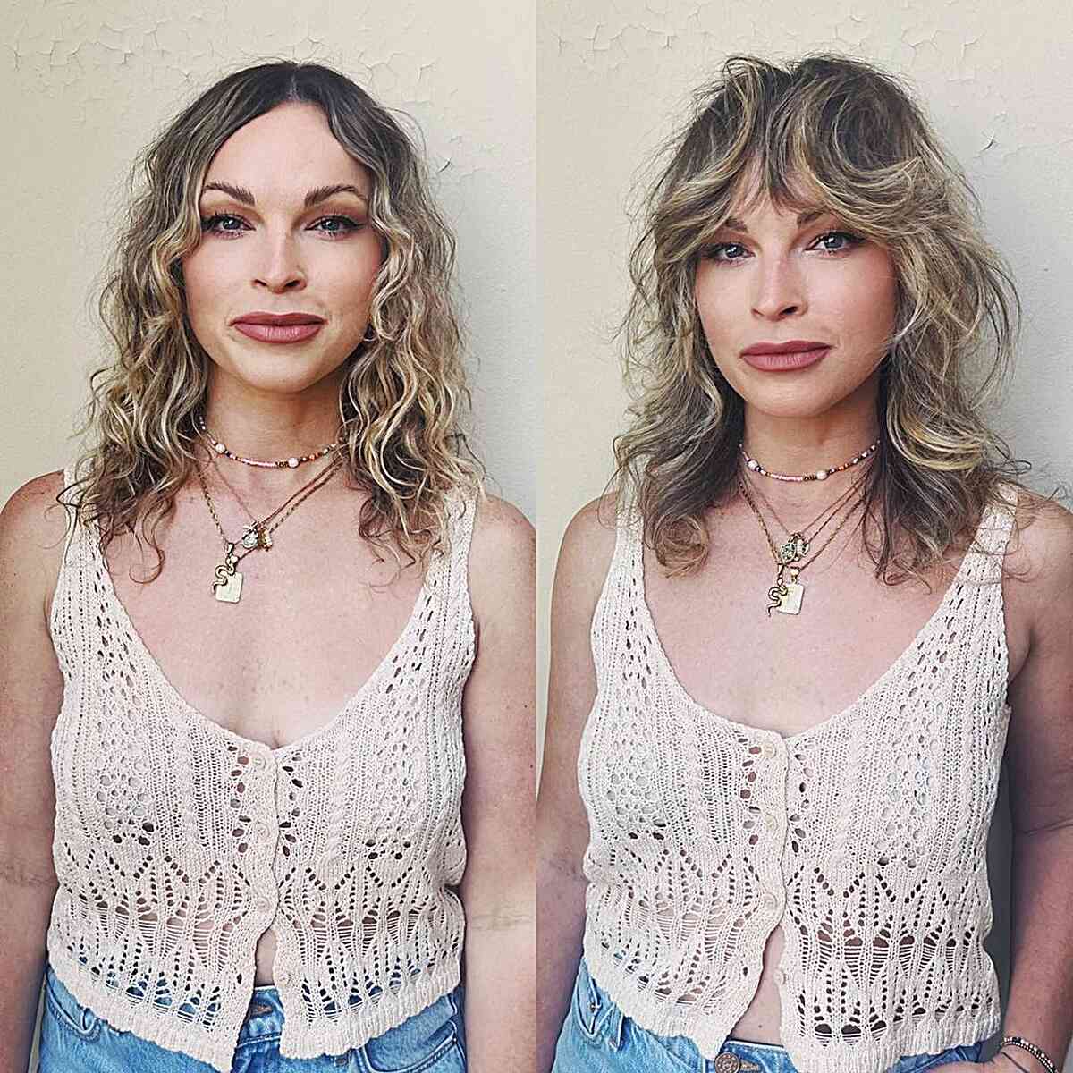 Textured Soft Shag Cut with Curtain Bangs for ladies with mid-length tousled hair