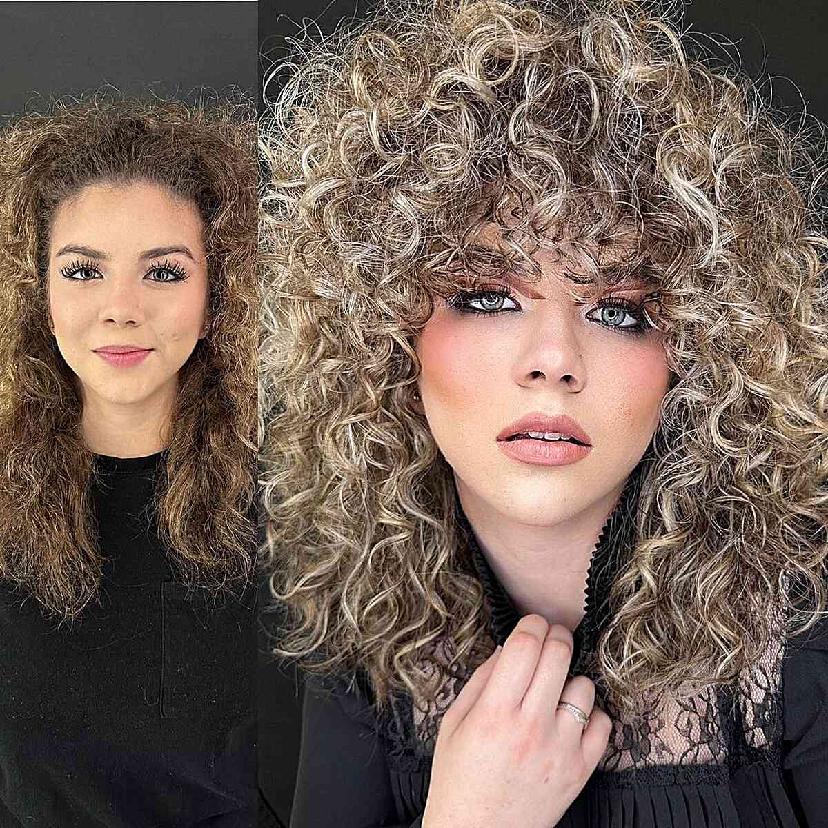 Textured Thick Curls That Frame the Face with Bangs