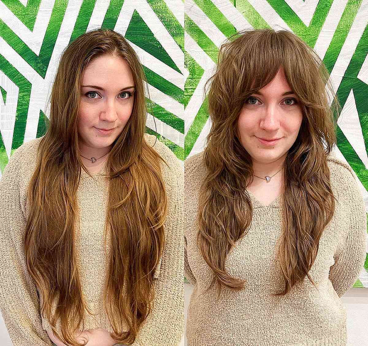 Textured Waves with Shaggy Layers and Curtain Bangs