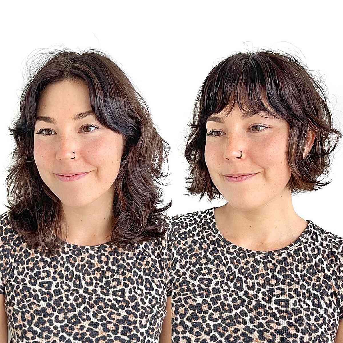 Jaw-Length Layered Wavy Bob with Bangs