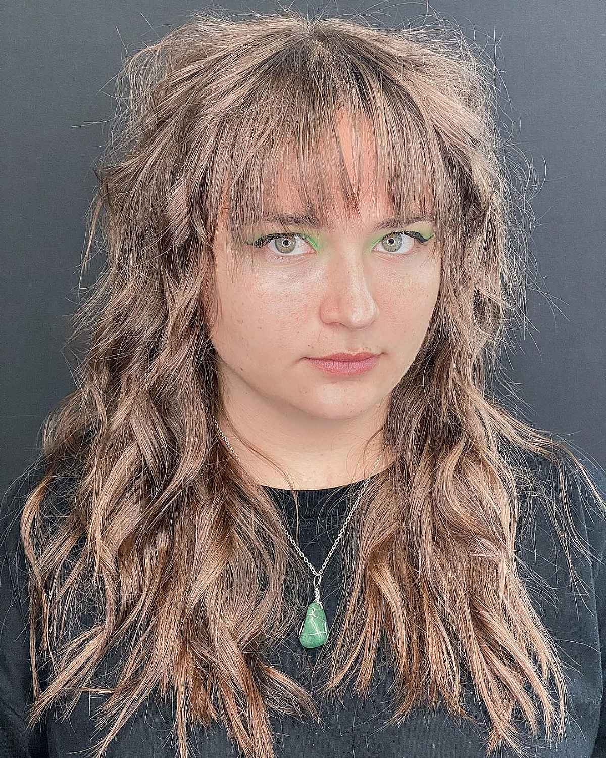 Textured Wispy Fringe on a Long Curled Shag