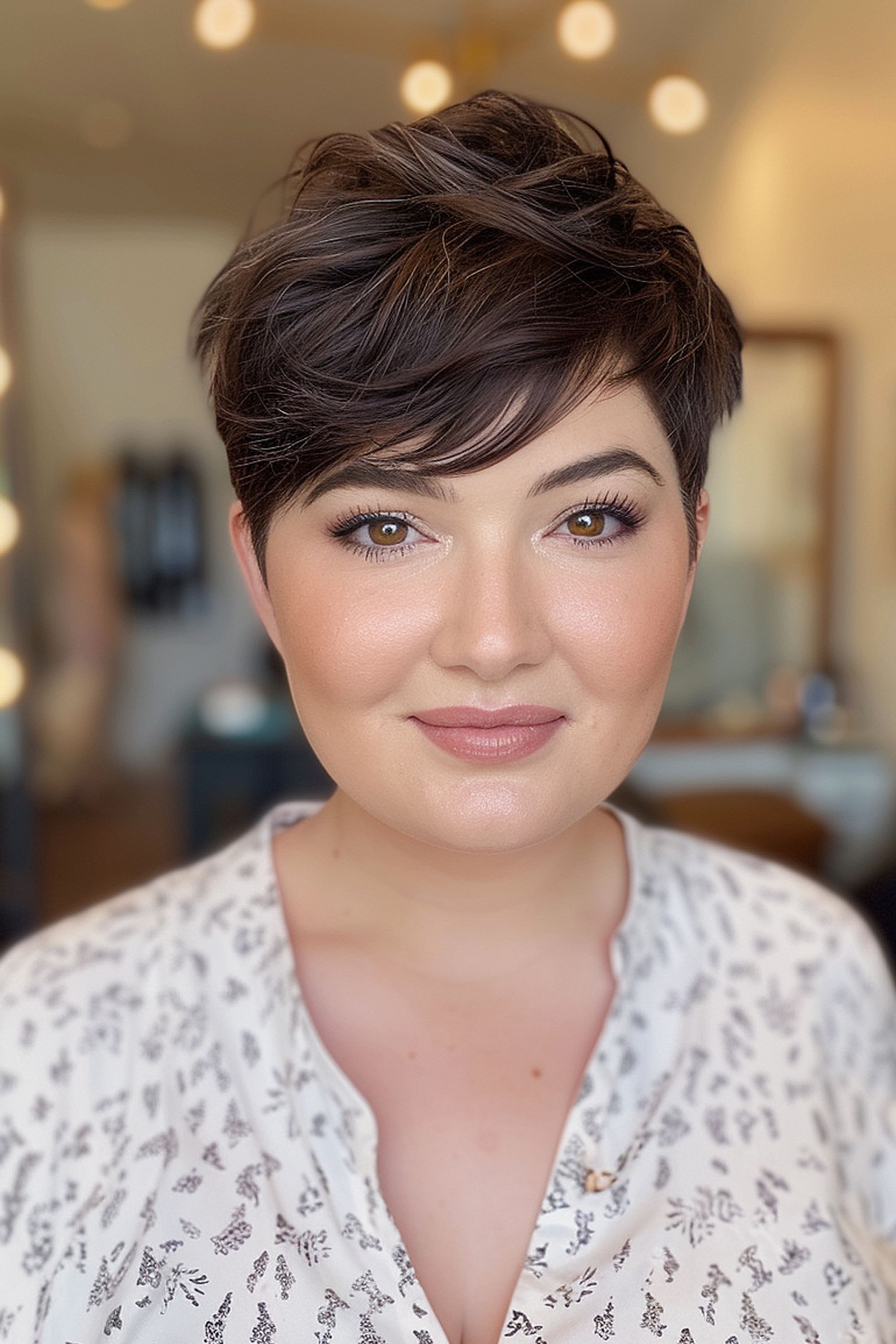 Cropped Pixie on a woman with a rounded face