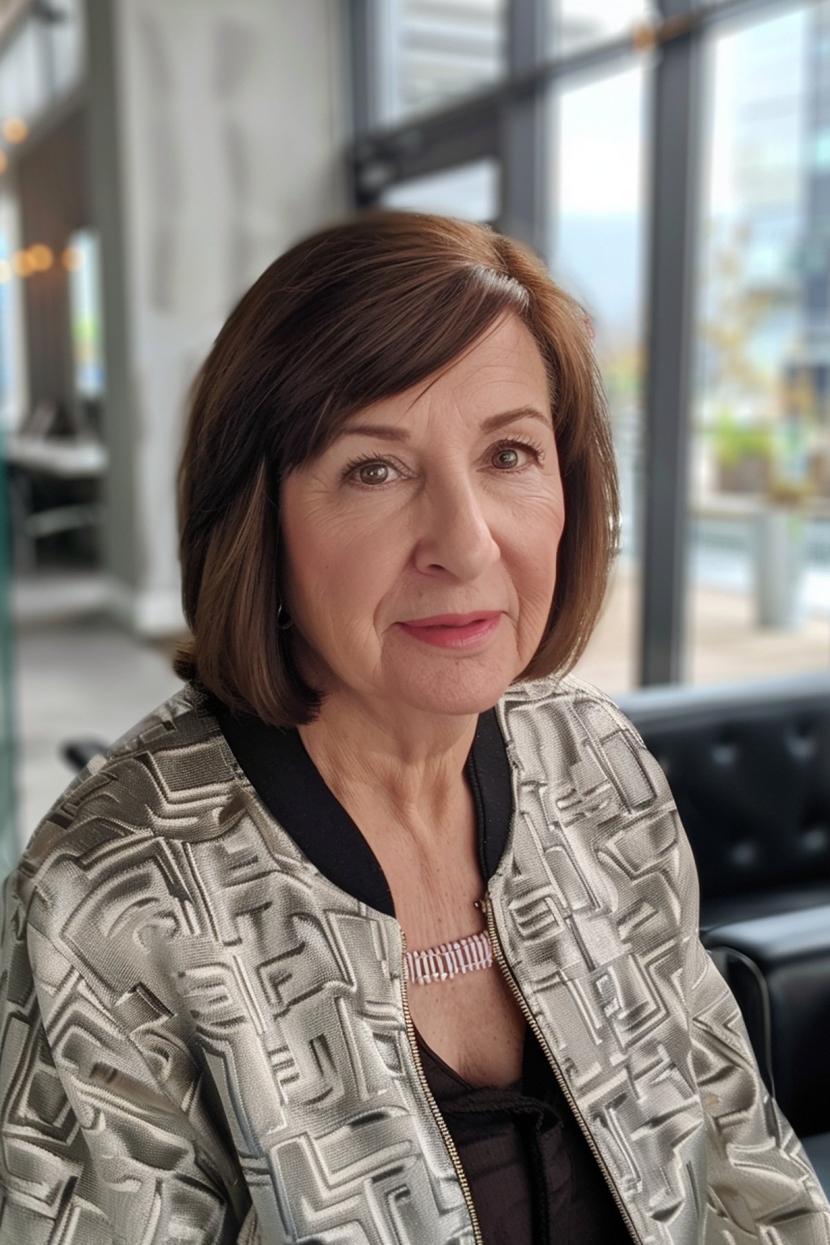 Mature woman showcasing a chic brunette bob hairstyle in a salon environment