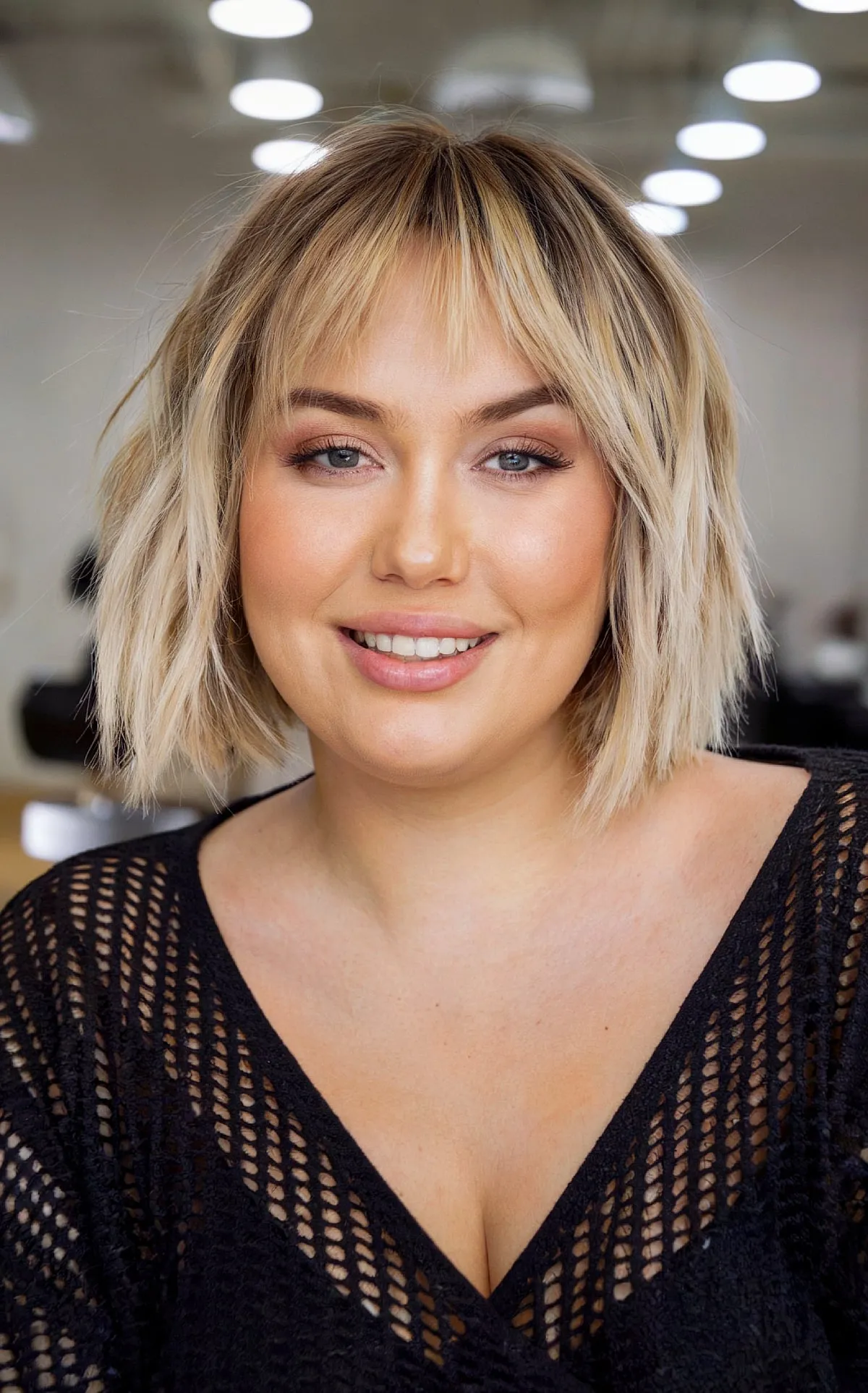 Short Timeless Choppy Bob with Soft Bangs for Round-Shaped Faces