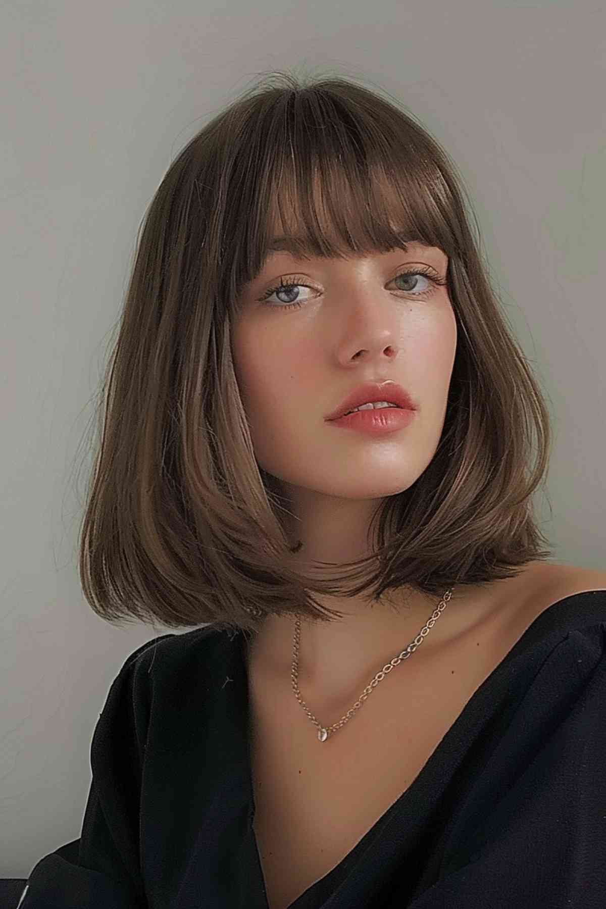 Young woman showcasing a full fringe with a rounded shoulder-length bob hairstyle