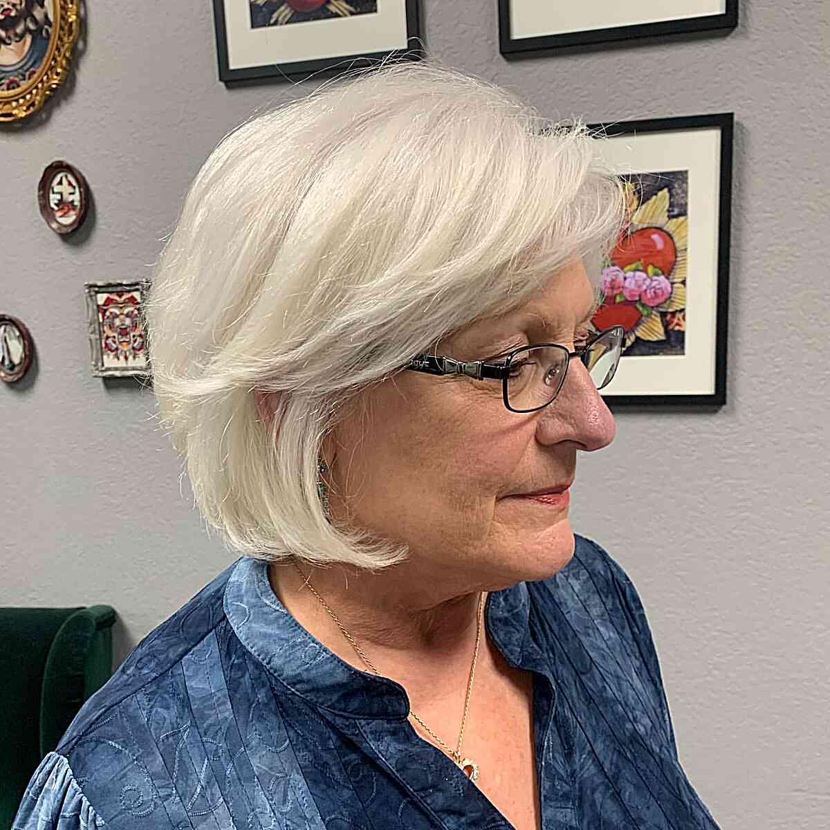 Jaw-Length Timeless Short Bob with Layered Bangs for Older Women Aged 50 with Glasses