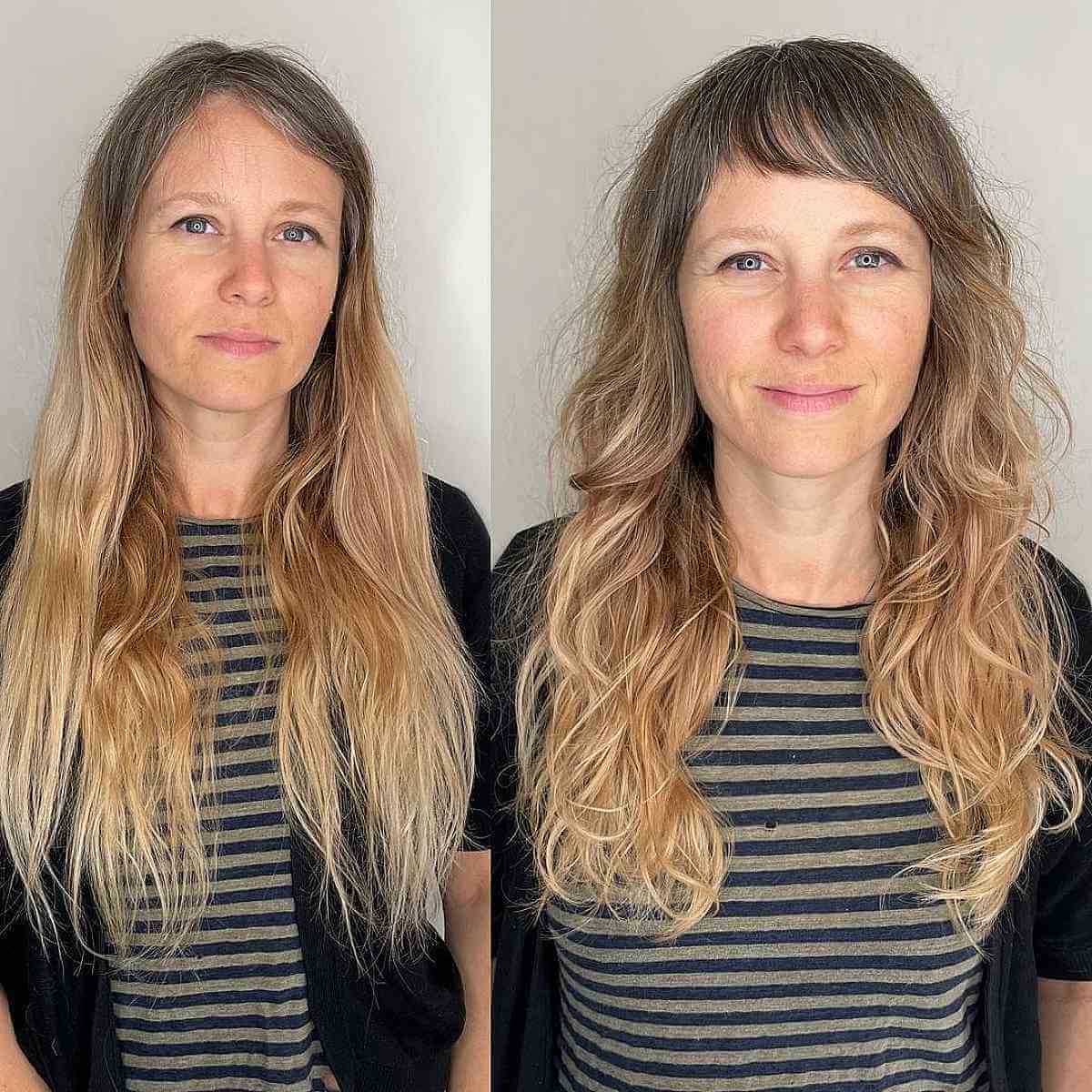 Tousled Long Wavy Shag Featuring Short Bangs for Women Aged 40