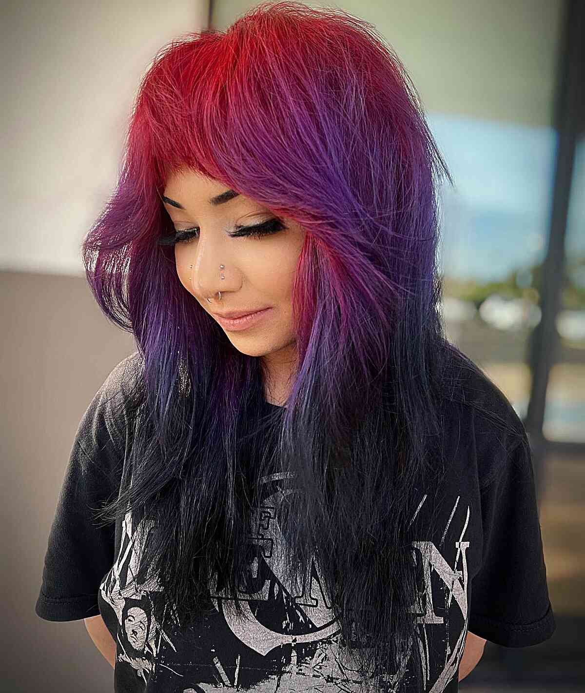 Stylish Red to Purple to Black Ombre hairstyle for girls with thick long hair