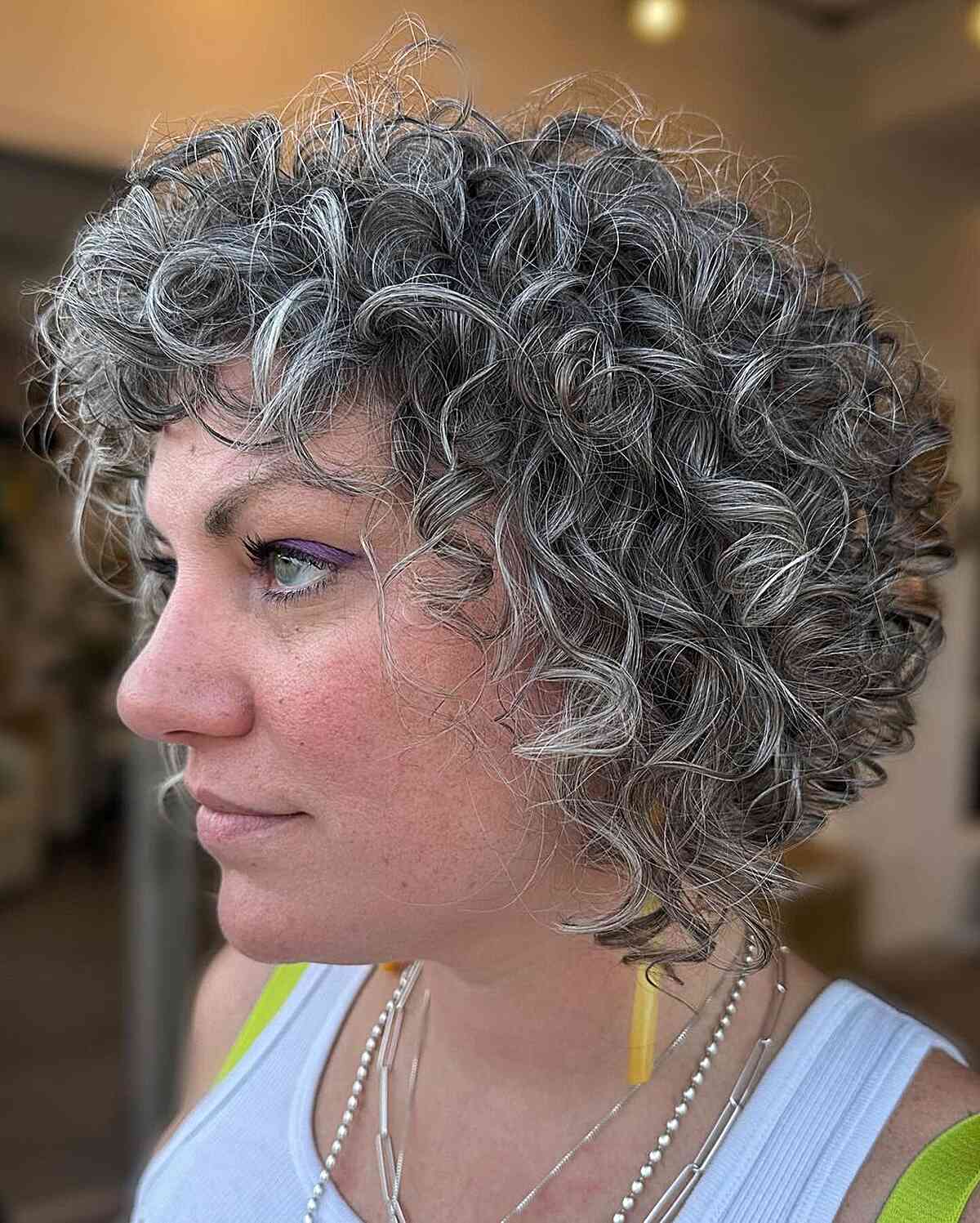 Trendy Grey Curls on Short Chin-Length Hair