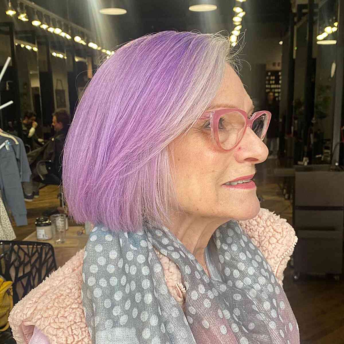 Trendy Light Lavender Purple Bob for Mature Women with glasses