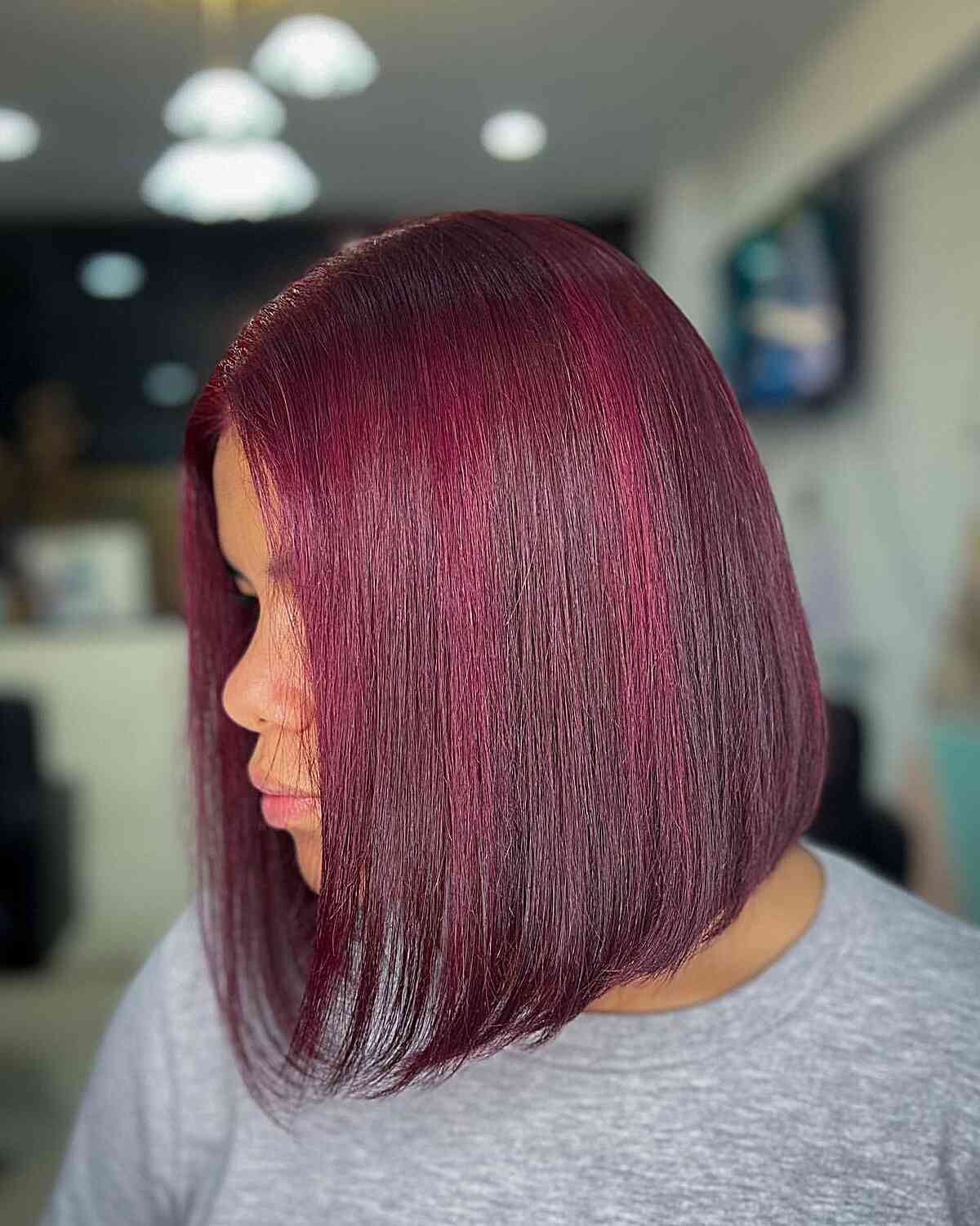 Vibrant Burgundy on Chic Neck-Length Bobbed Hairstyle for Straight Locks