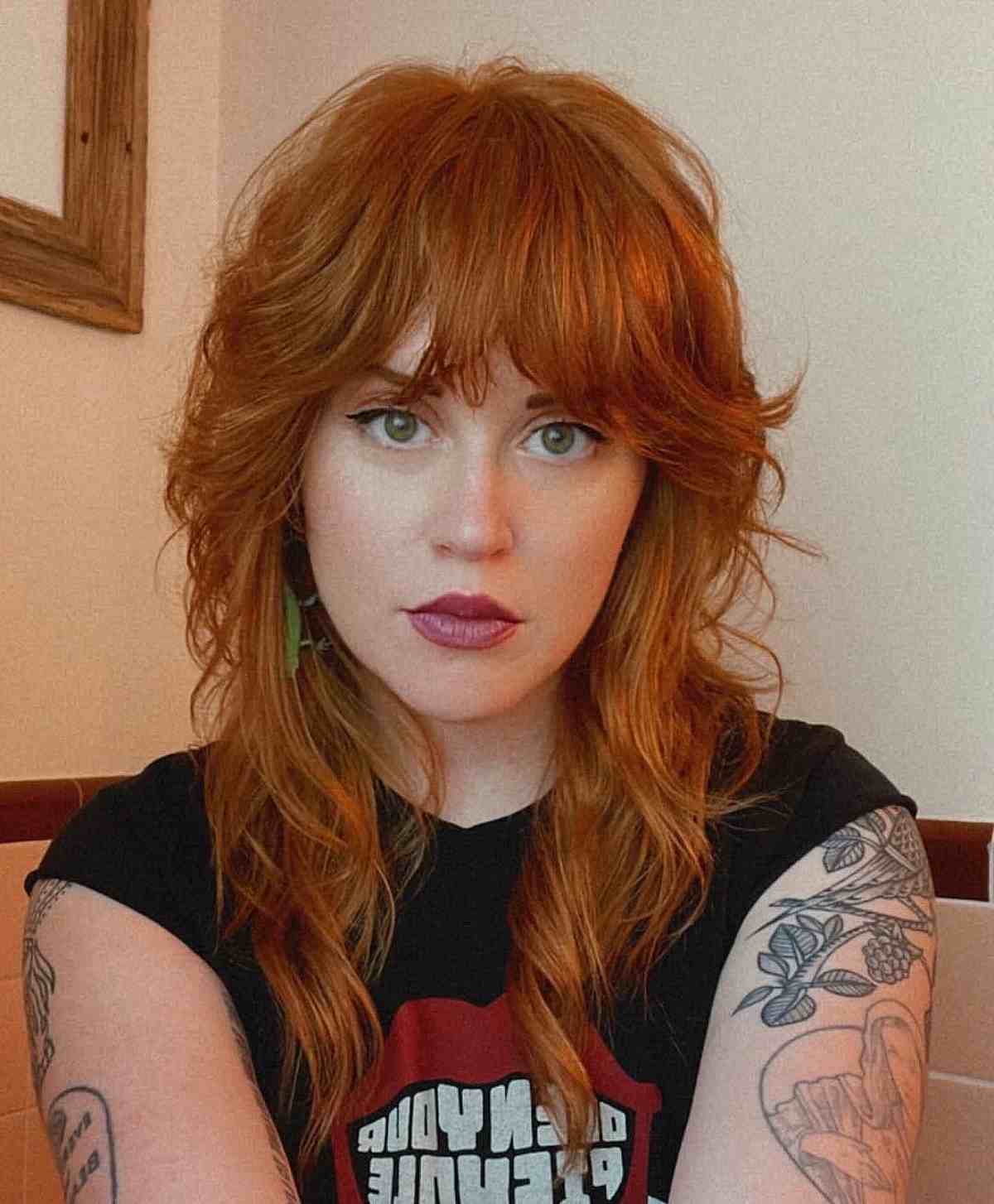 Mid-Length Stylish Vibrant Copper Shag Cut with Bangs