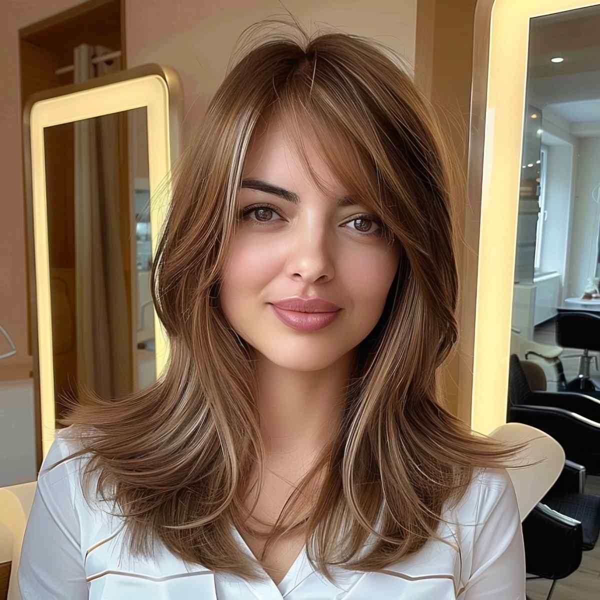 Vibrant mid-length layered cut with side bangs