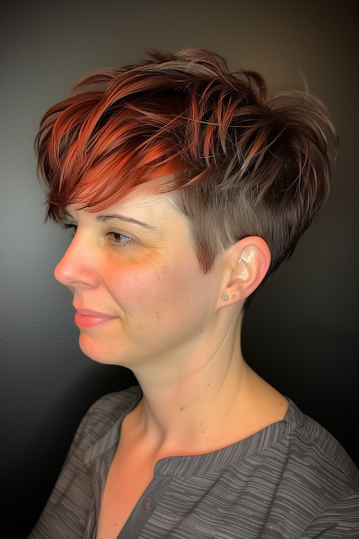 Bold pixie cut featuring a red to brown ombre blend