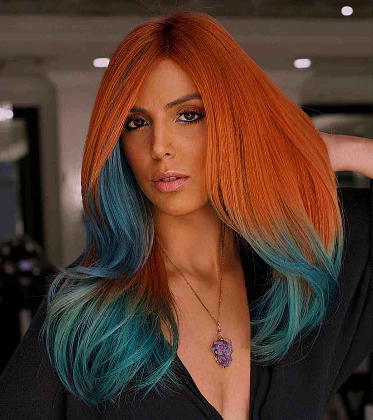 Vibrant Orange to Teal Ombre Fade Hair Inspiration