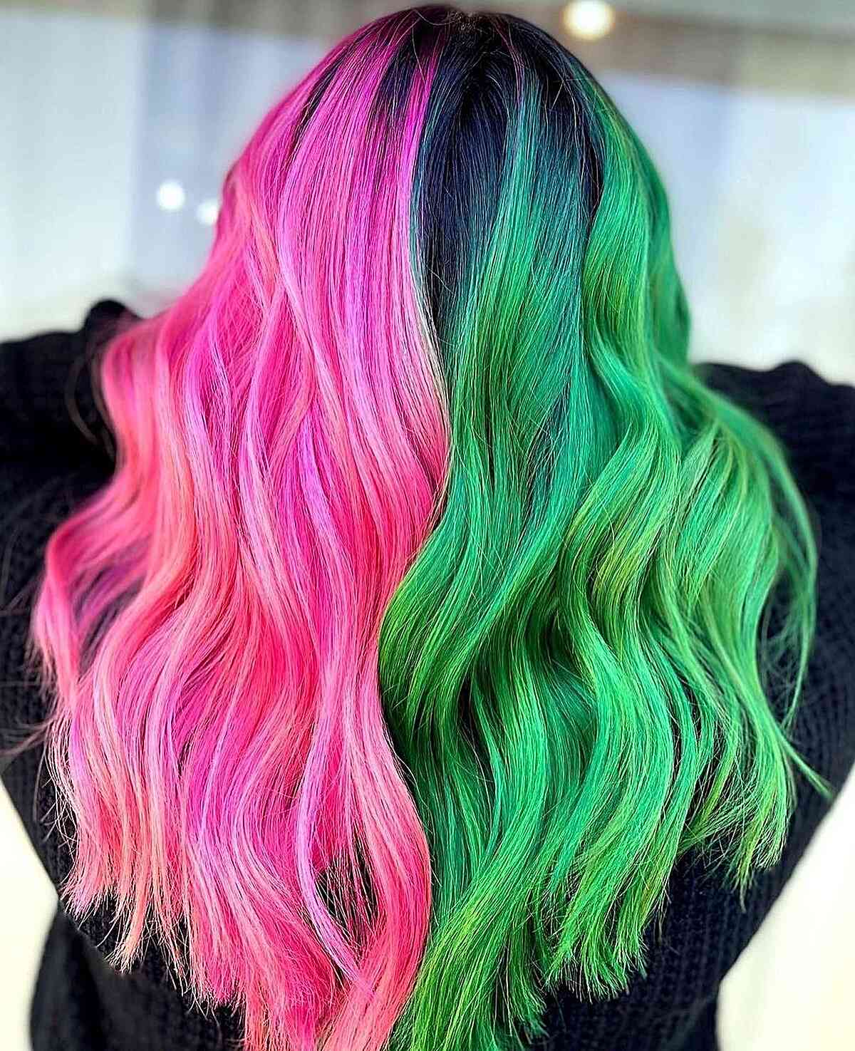 Vibrant Pink and Lively Green Color Block Hair Idea