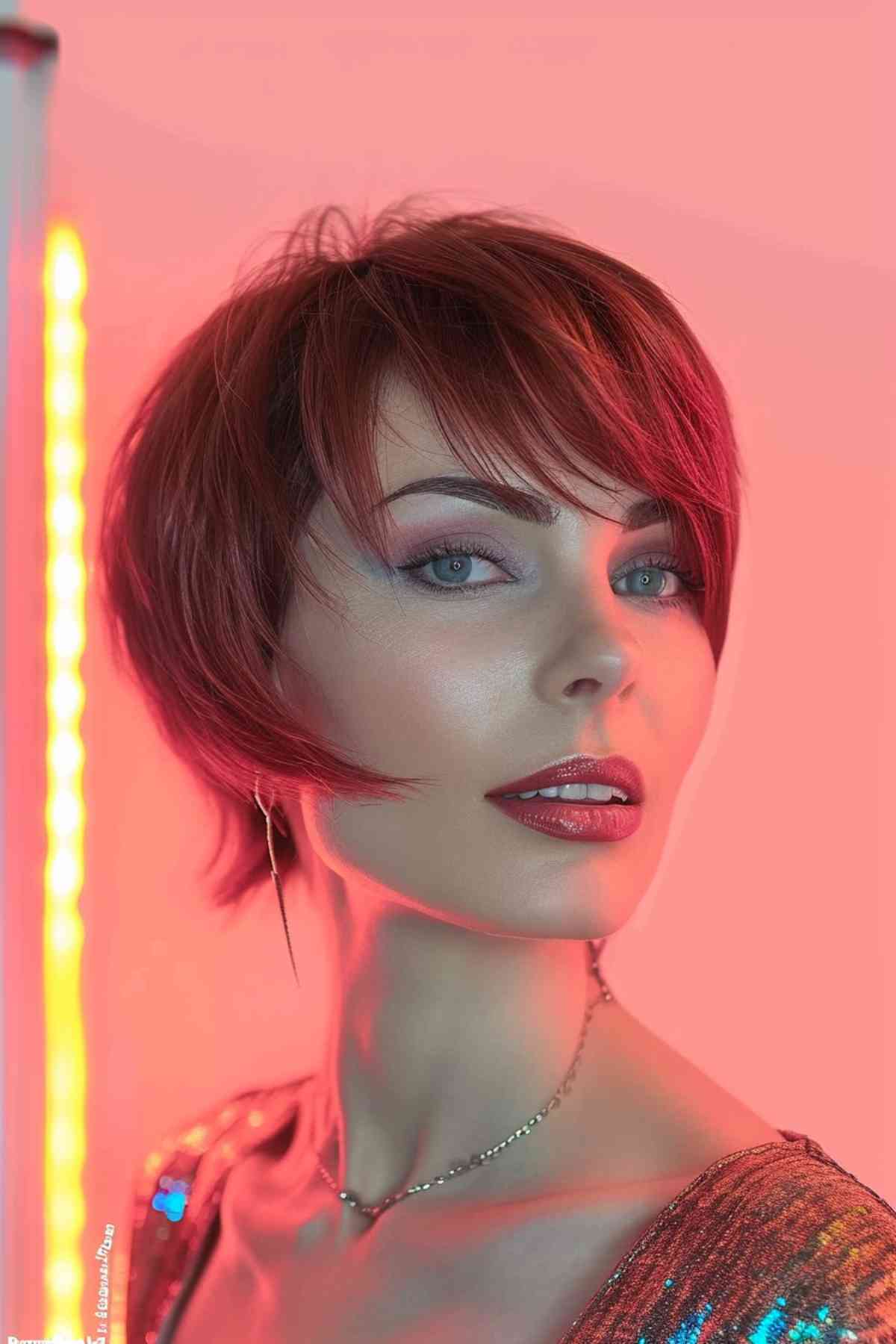 A vibrant pixie bob with a side flair, creating a striking look