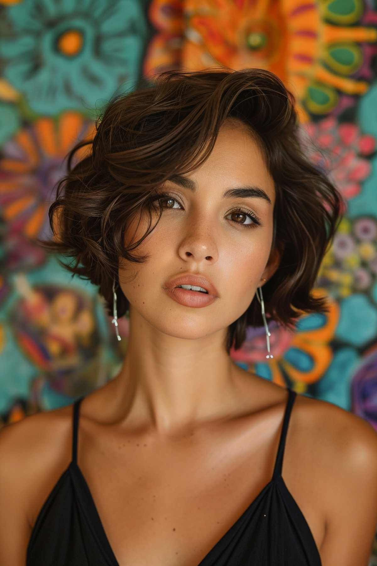 A vibrant pixie bob with a whimsical side flip on a woman