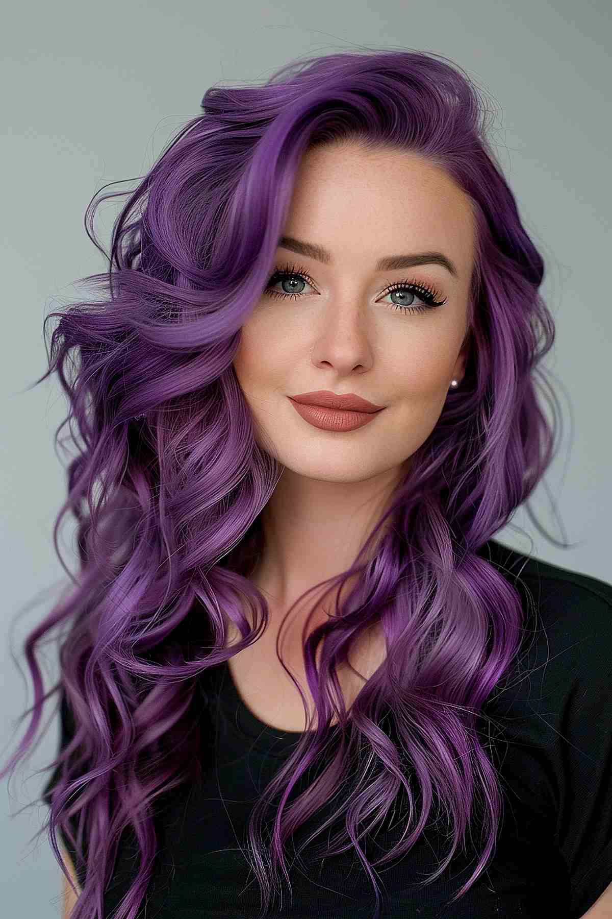 Woman showcasing vibrant purple curls and a long layered haircut, styled for an event.