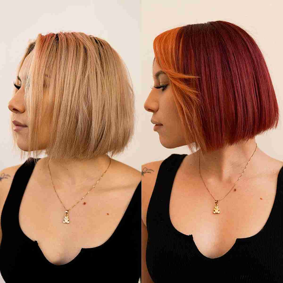 Vibrant Red Blunt Bob with Fiery Orange Bangs