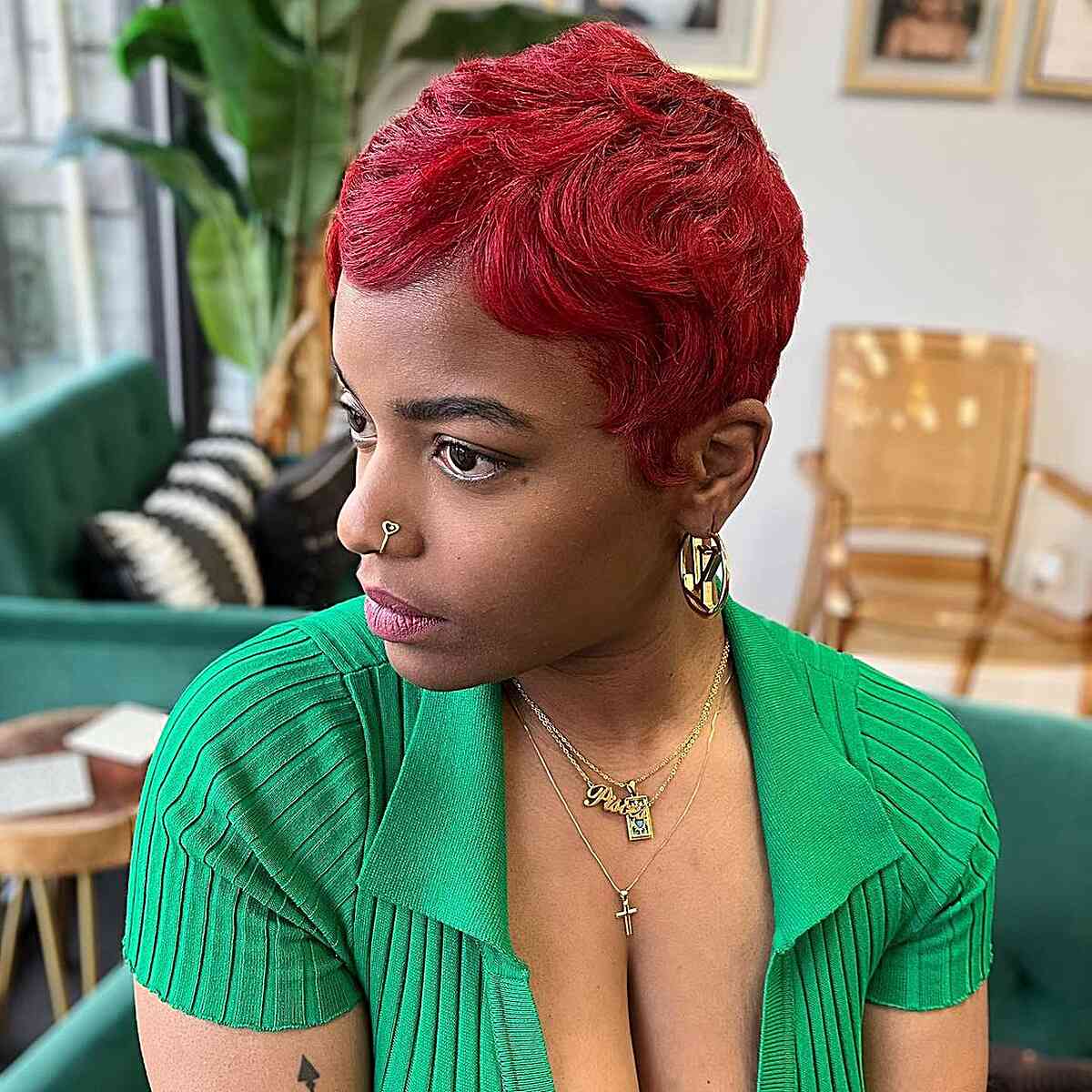 Vibrant Red Pixie Hairstyle for black women with short hair