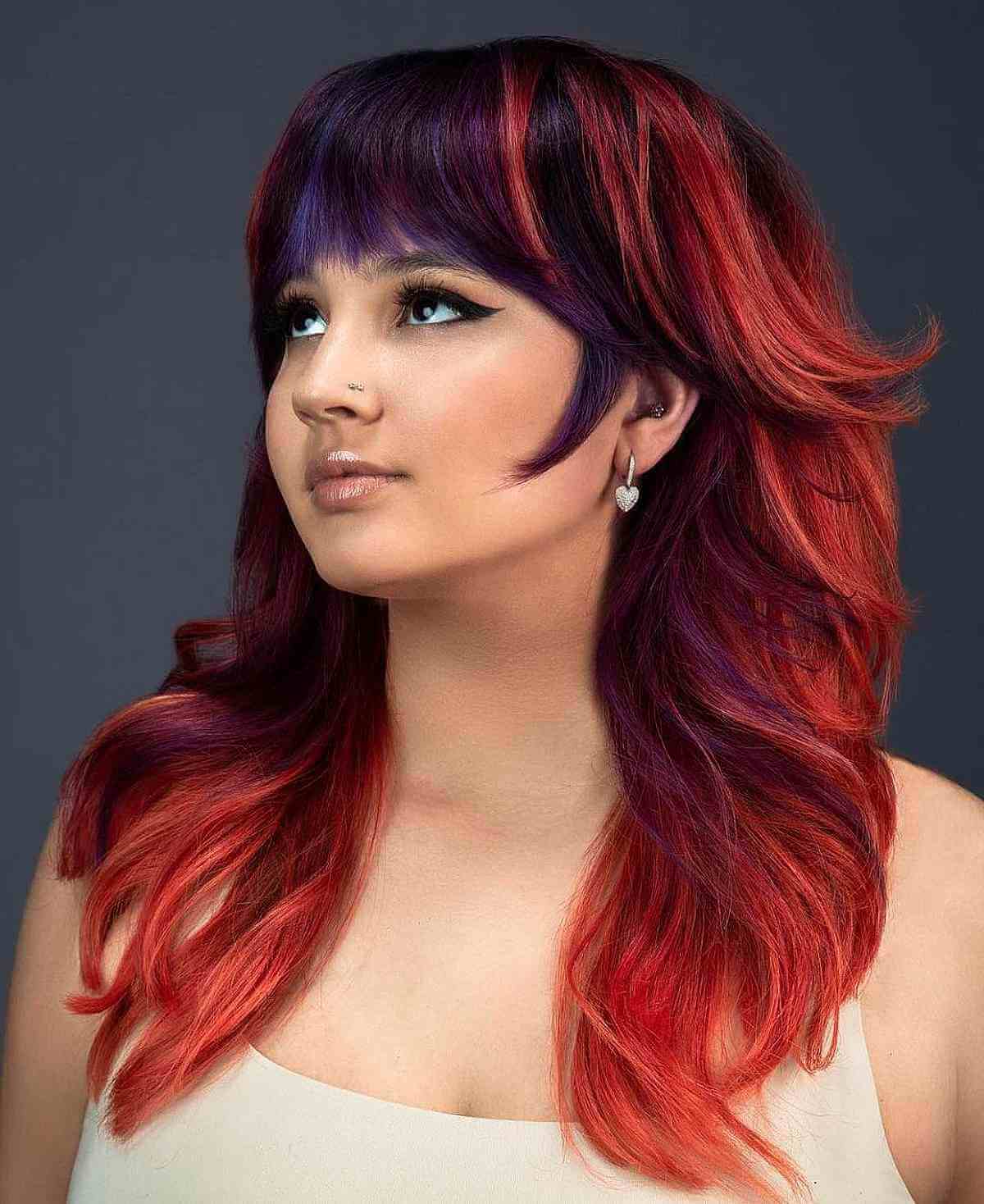 Vibrant Red Medium Shag with Highlighted Bangs