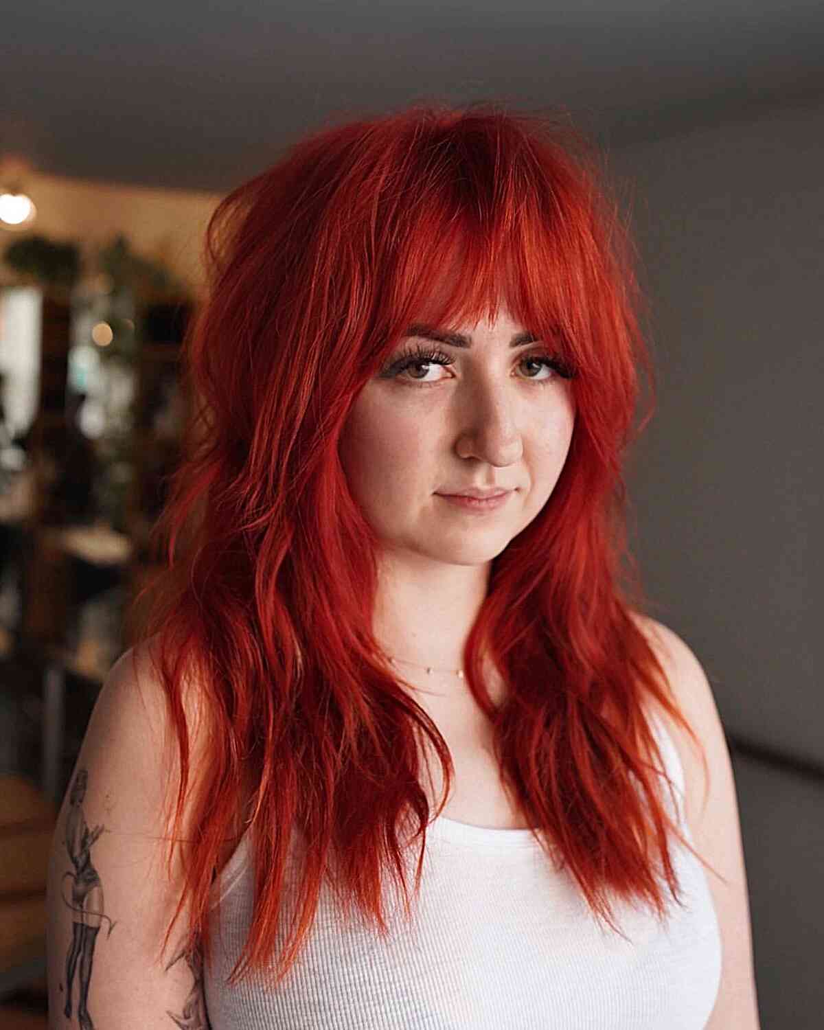 Vibrant Red Medium Shag with Thick Fringe