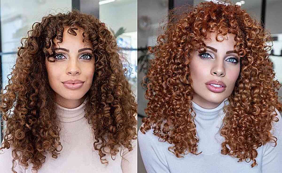 Warm Brown Bouncy Curls with Short Bangs for mid-length hair