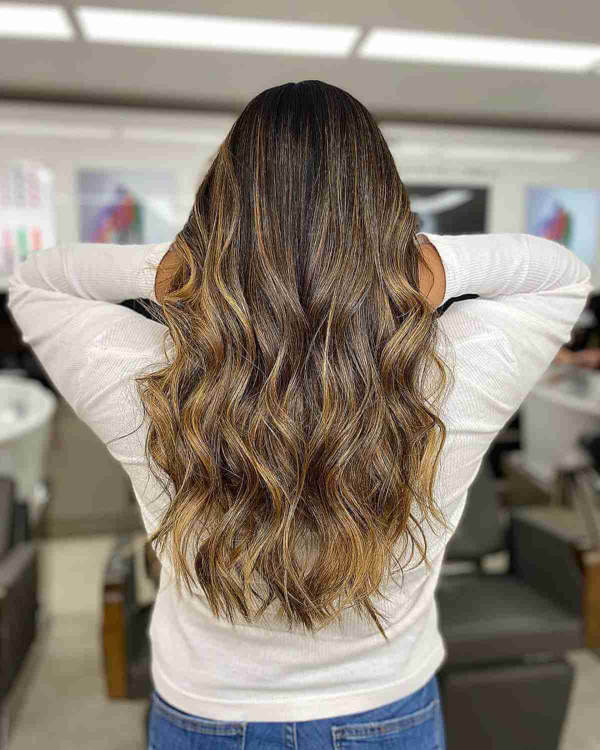 Balayage Warm Caramel Blonde Highlights on Dark Brown Hair