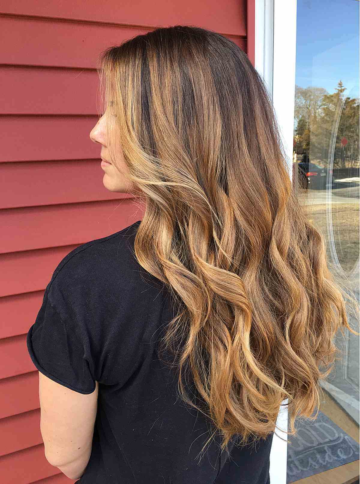 Warm Caramel Blonde Lowlights on Dark Brunette Hair