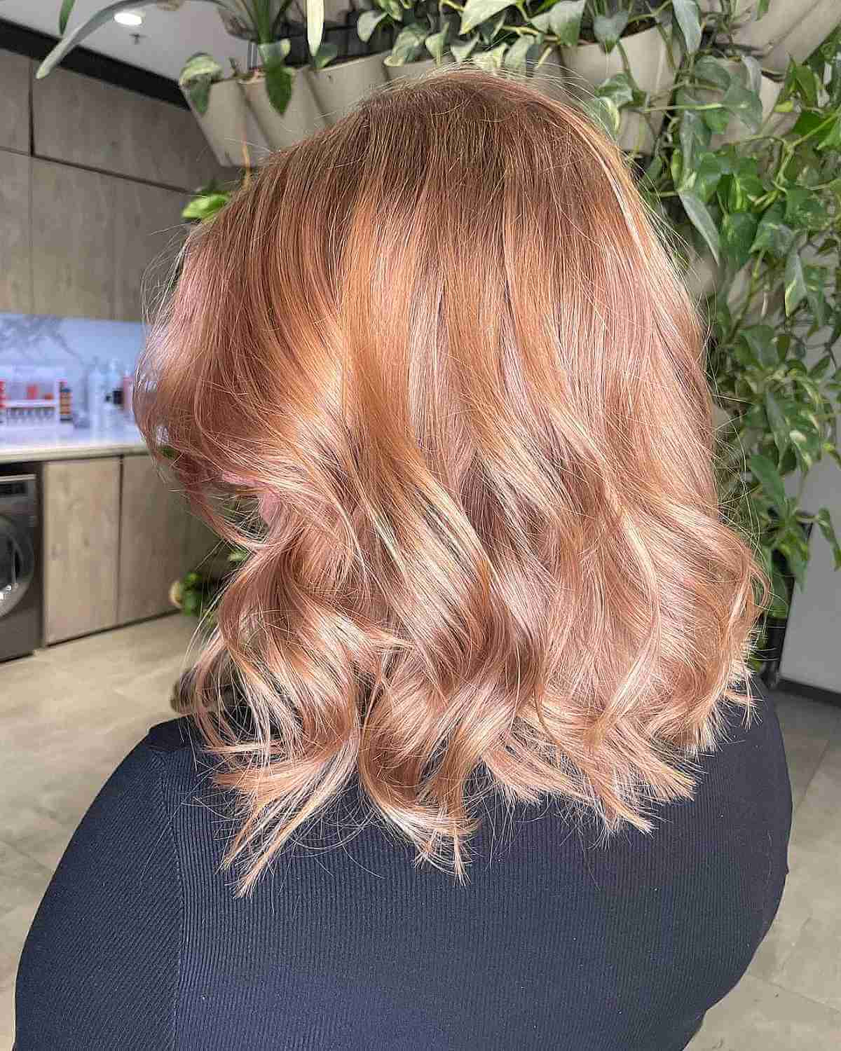 Rose Gold Copper Highlights on Golden Blonde Balayage Hair