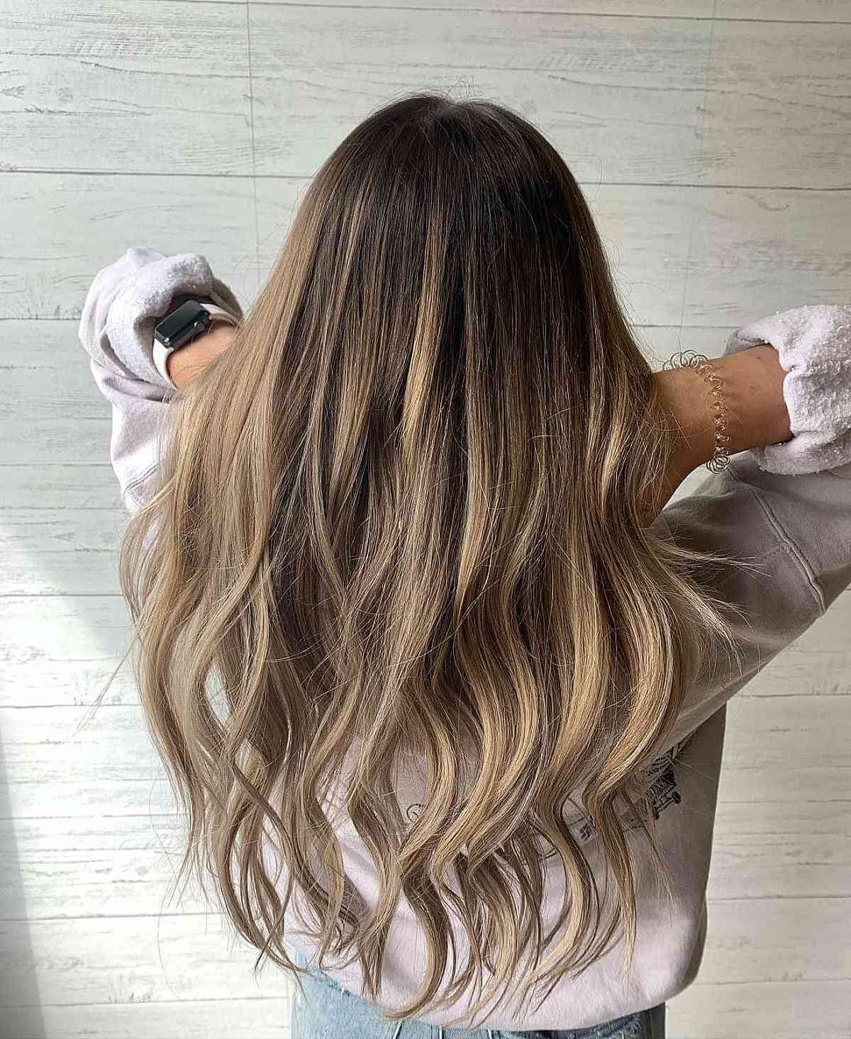 Warm Honey Ombre Highlights on Dark Hair