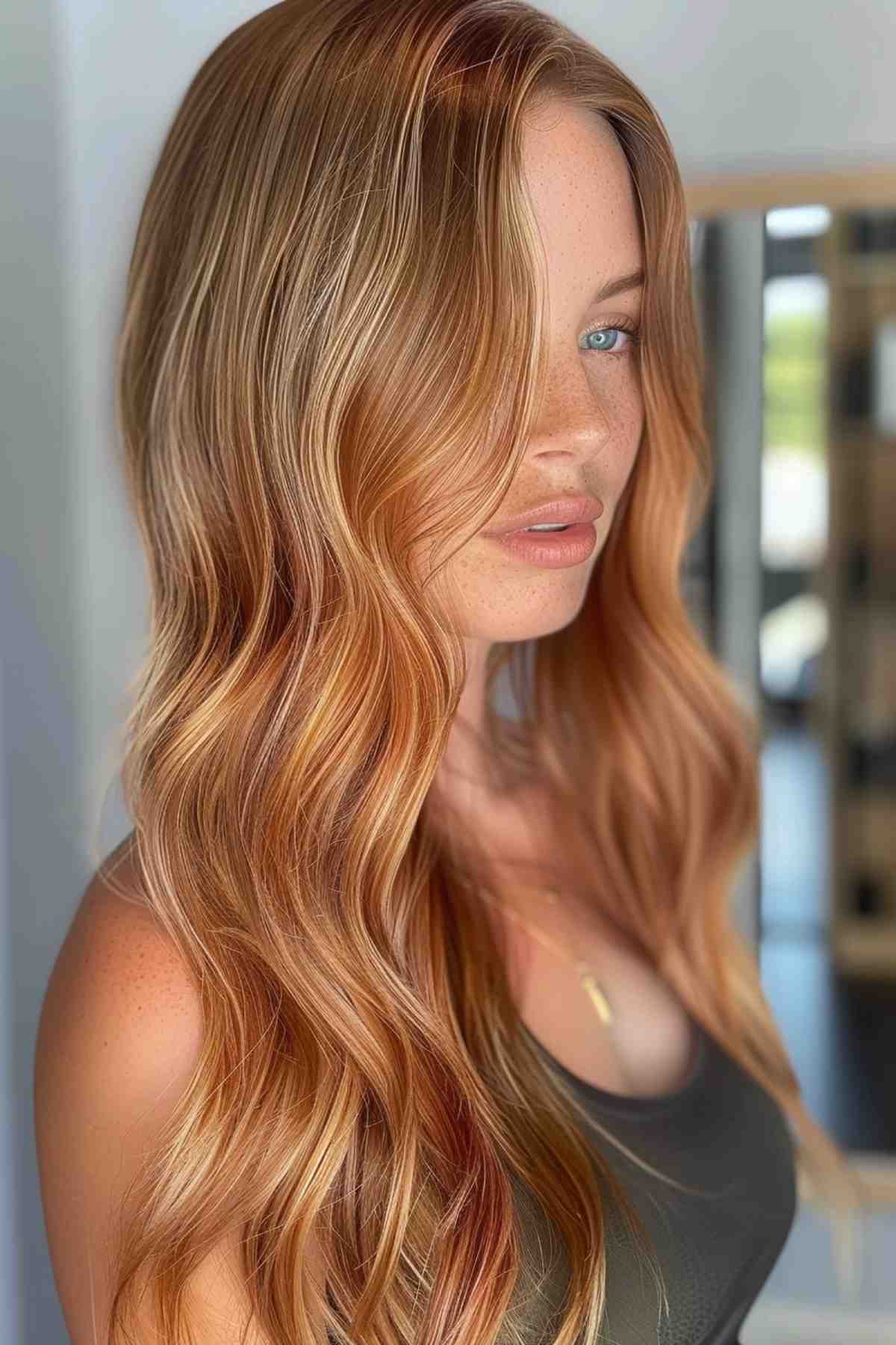 Strawberry blonde hair featuring golden tawny balayage waves