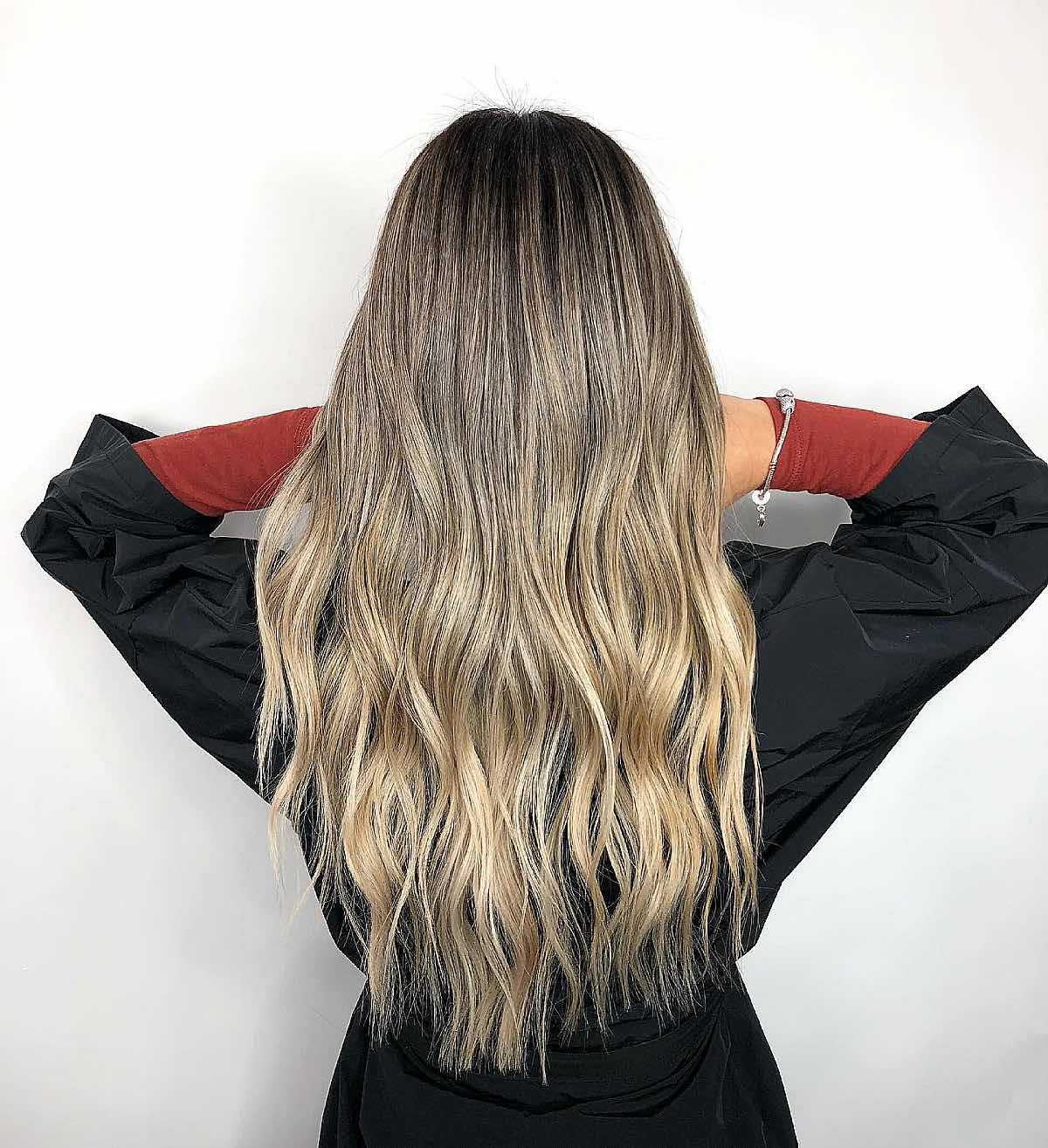 Wavy Ash Brown Blending into Ashy Blonde Ombre Tips