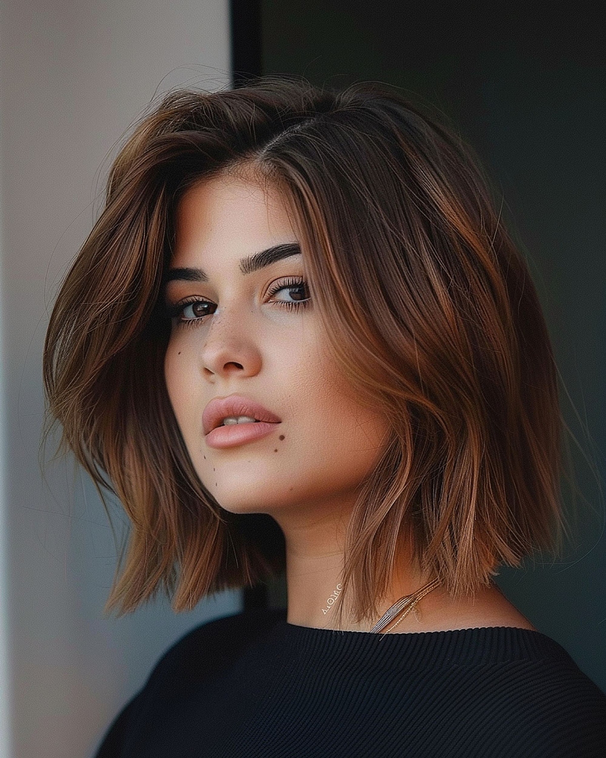 Wavy chestnut shoulder-length bob with delicate layers for diamond face shape
