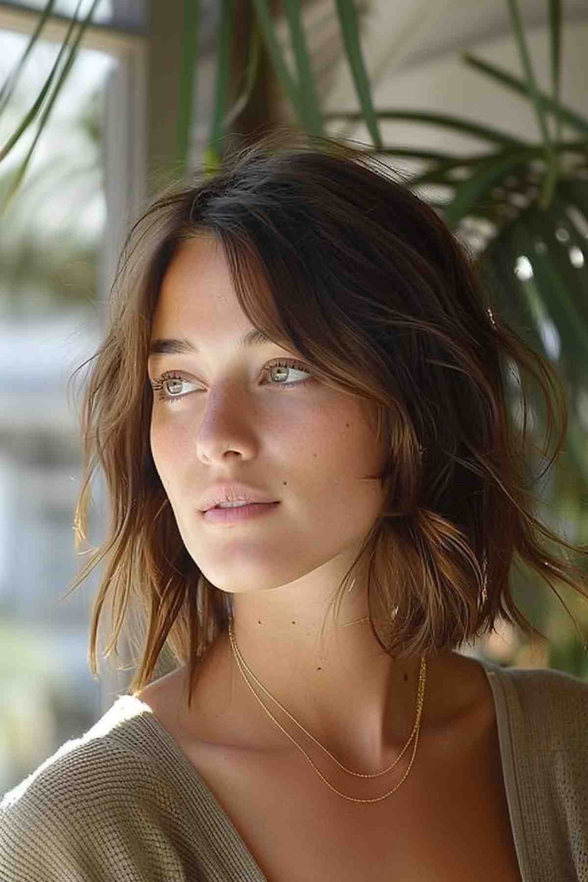 Young woman showcasing a neck-length wavy haircut featuring natural highlights and texture