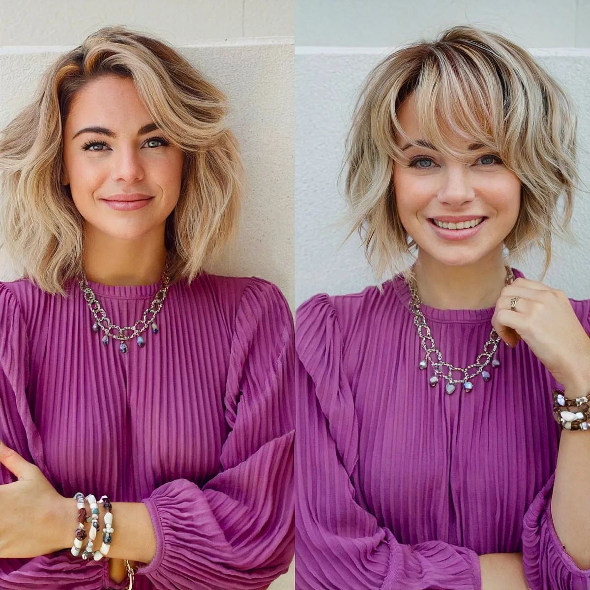 Wavy Face-Framing Layered Bob with Side Bangs for Chin-Length Hair