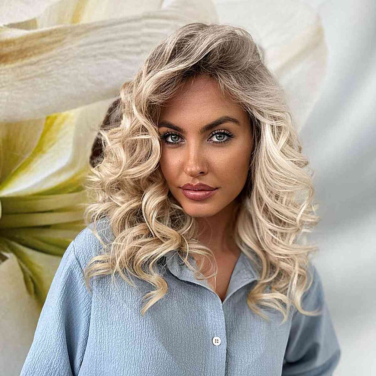 Mid-Length Waves with Balayage and a stylish deep side part