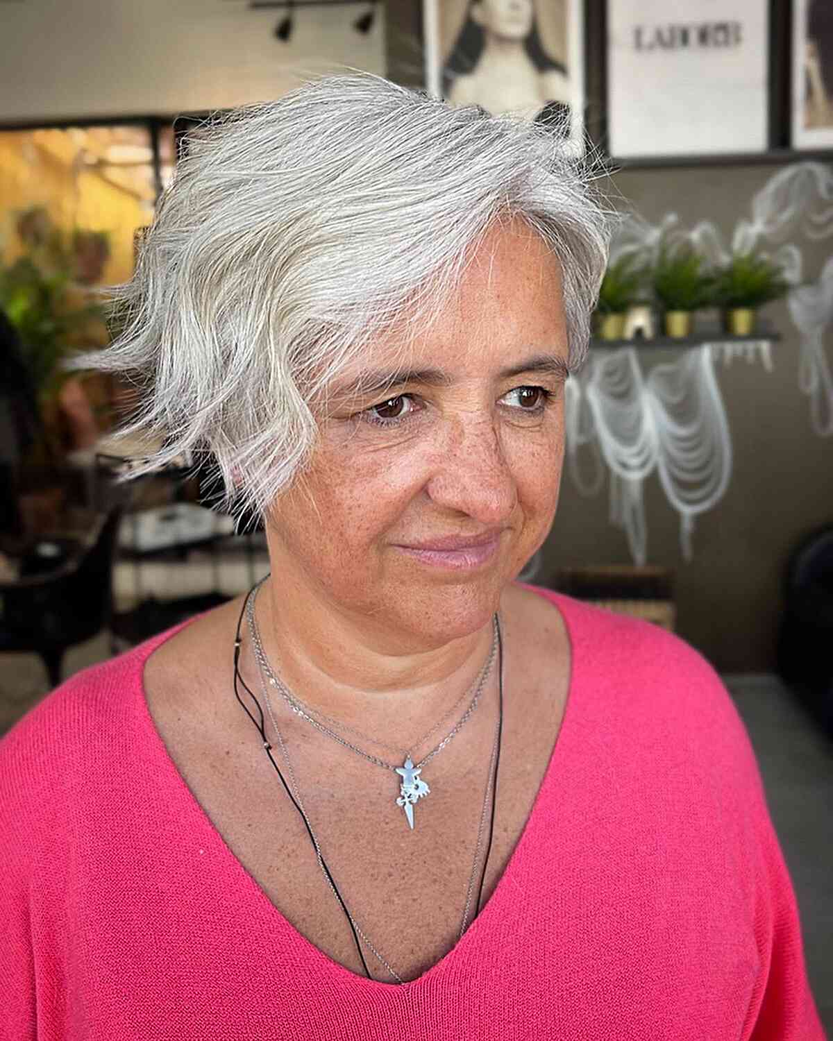 Wavy Long Pixie with Side Part for Seniors Over 60 and Round Face Shapes