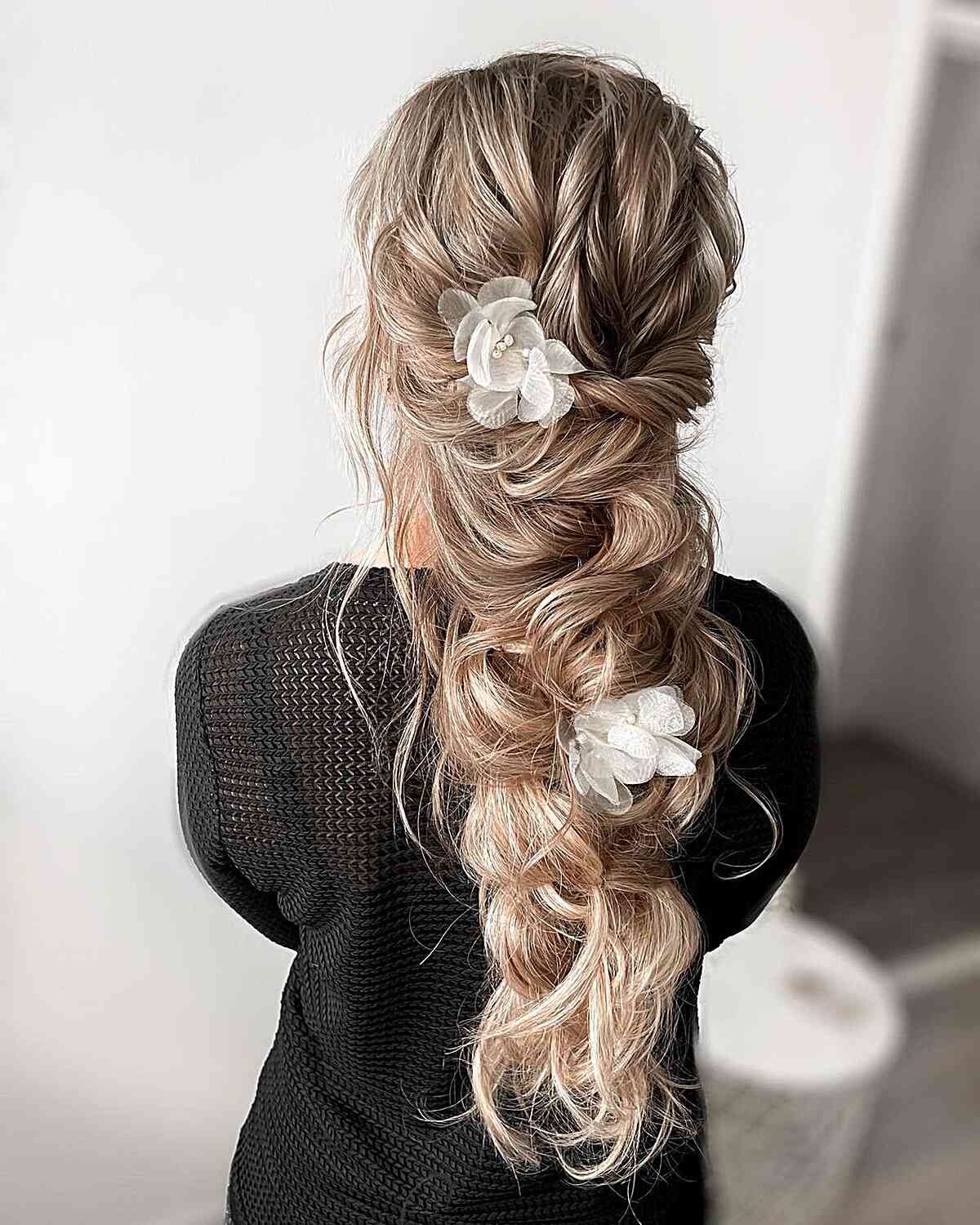 Whimsical and Ethereal Boho Hair with flowers for a bridesmaid