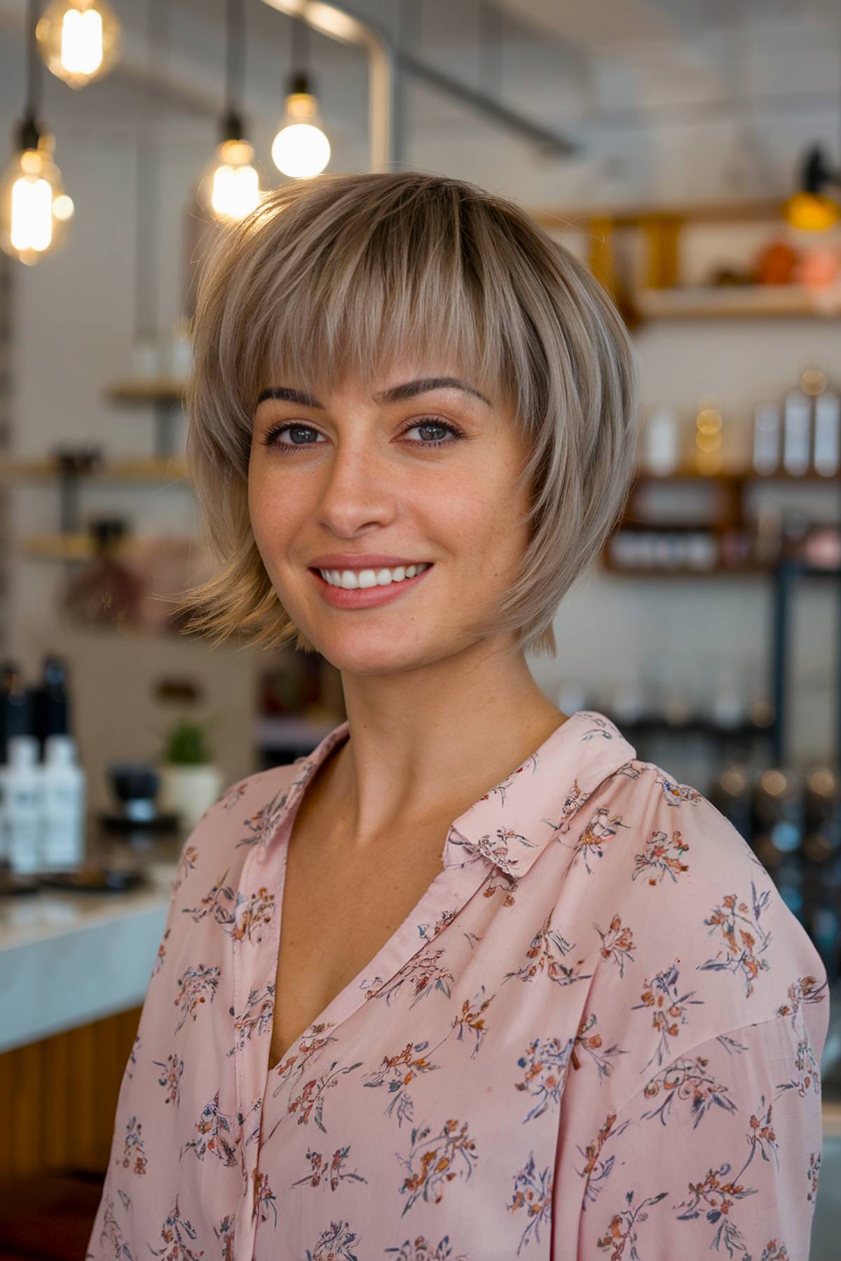 Modern mullet pixie bob with feathered layers and wispy bangs for a bold, trendy look