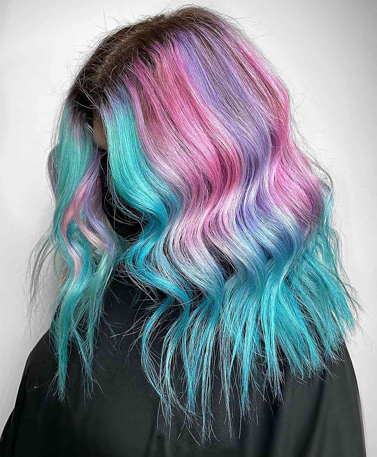 Multi-Colored Cotton Candy Hair with Dark Roots for Medium Hair