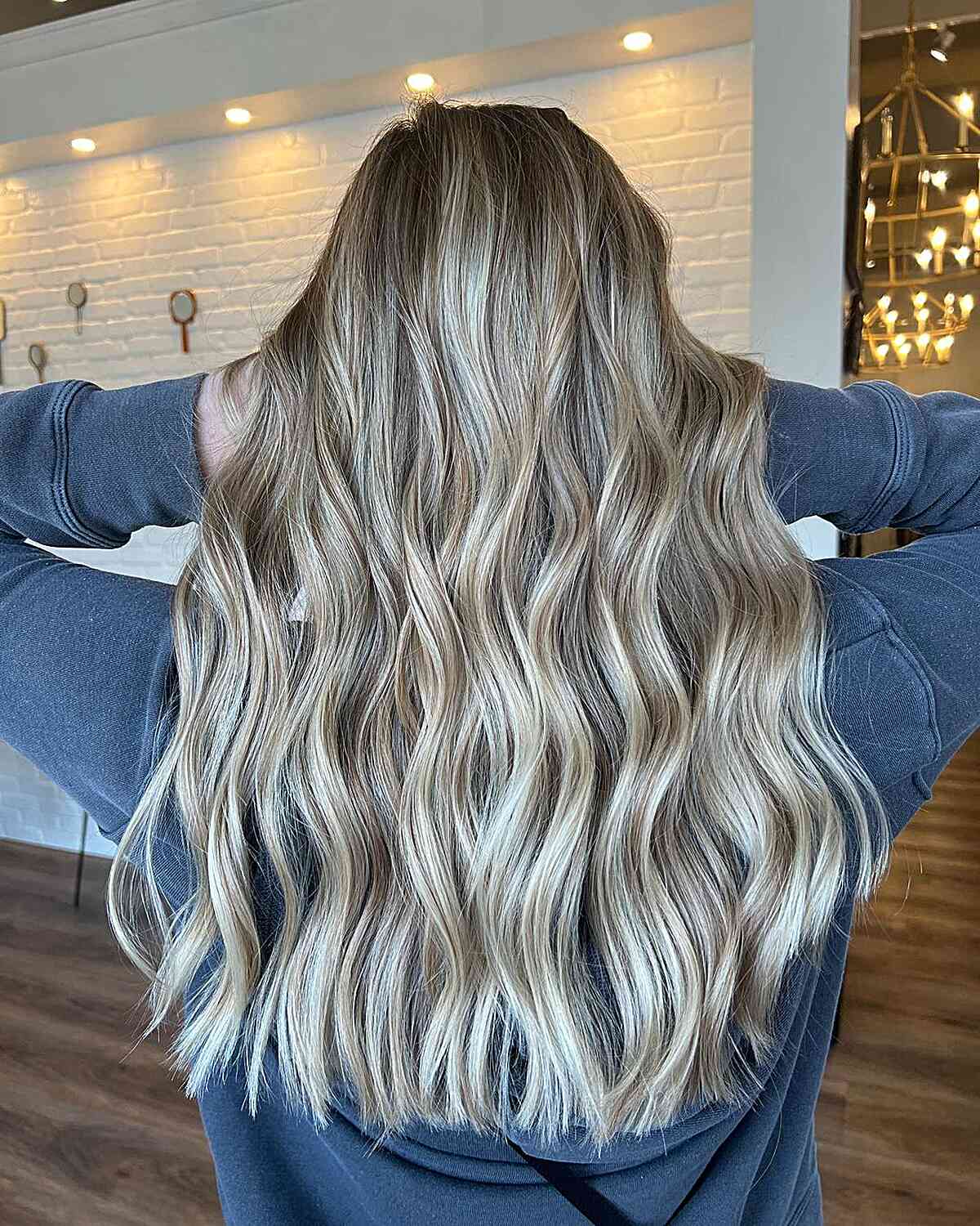 Long Multi-Dimensional Toasted Coconut Icy Balayage Hair with Beach Waves